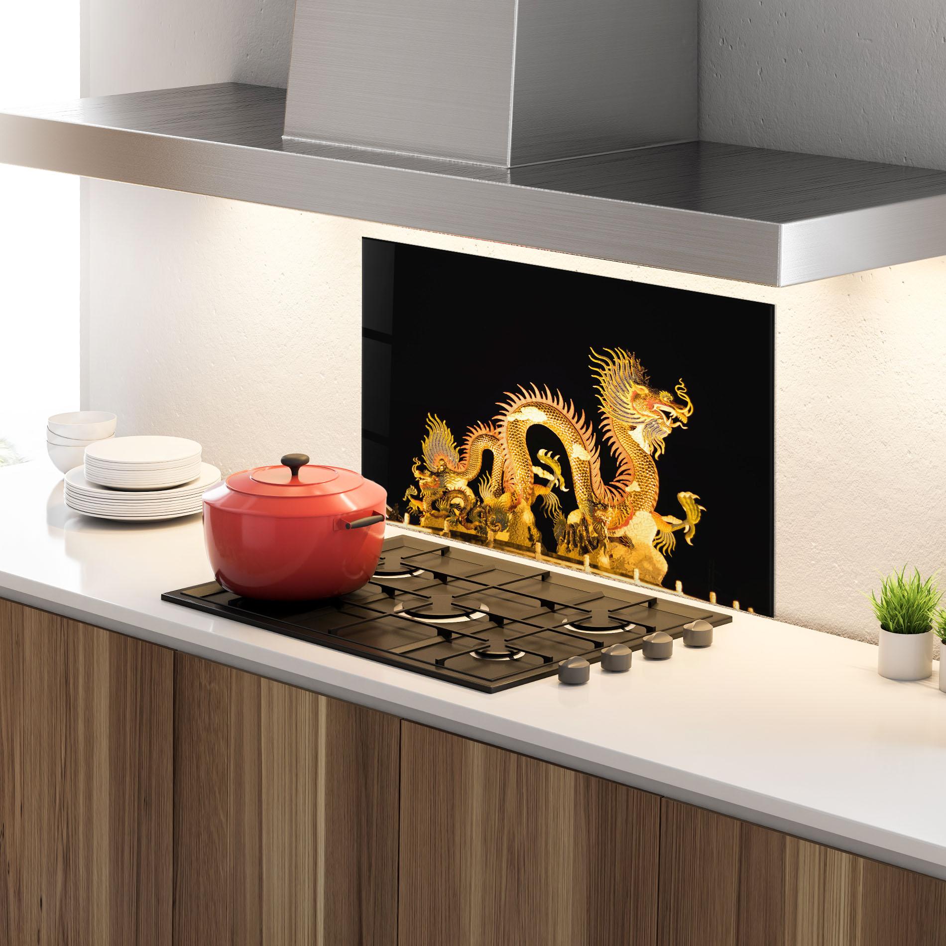 Küchenrückwand Glas Golden Dragon Lights mockup 4
