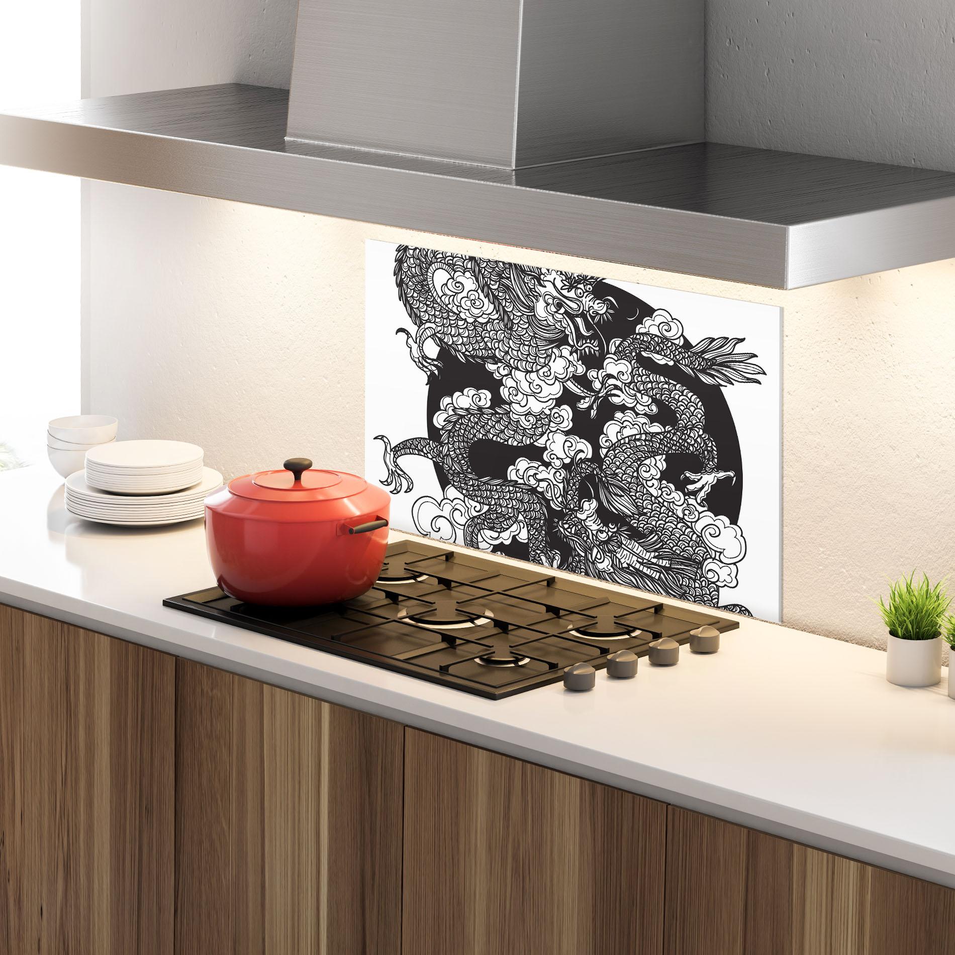 Küchenrückwand Glas Grey Moon Dragon mockup 4