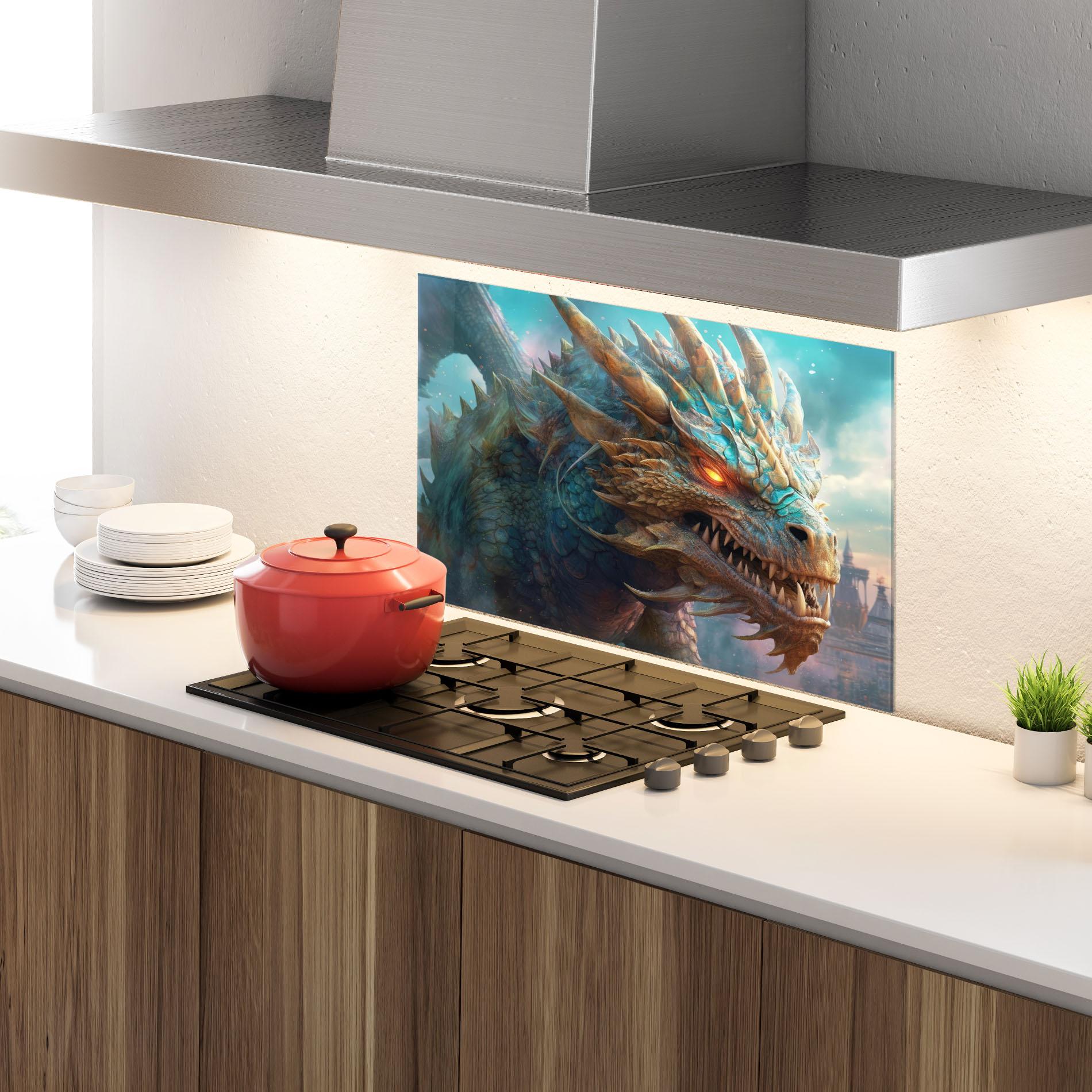 Küchenrückwand Glas Pretty Blue Dragon mockup 4