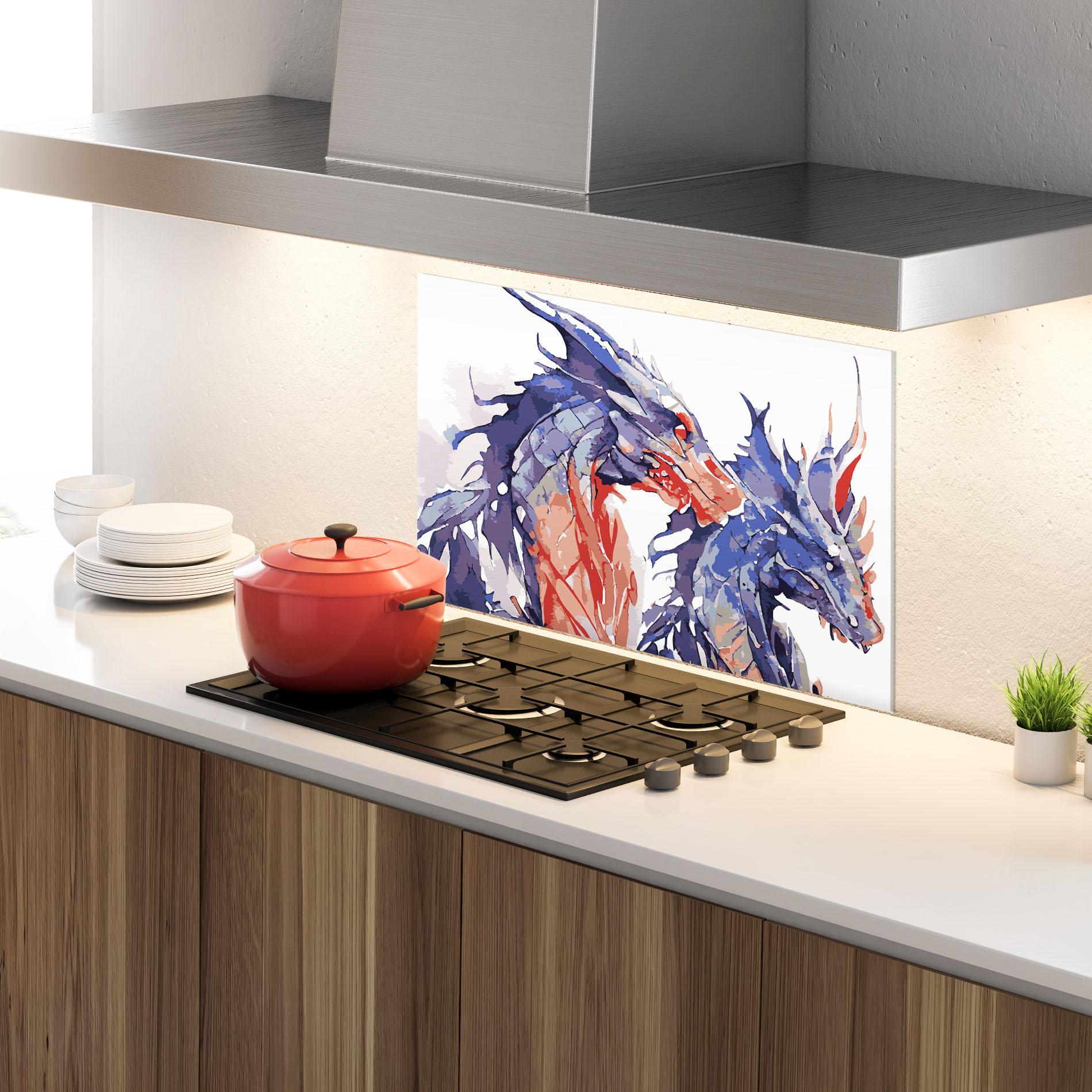 Küchenrückwand Glas Purple Orange Dragon mockup 4