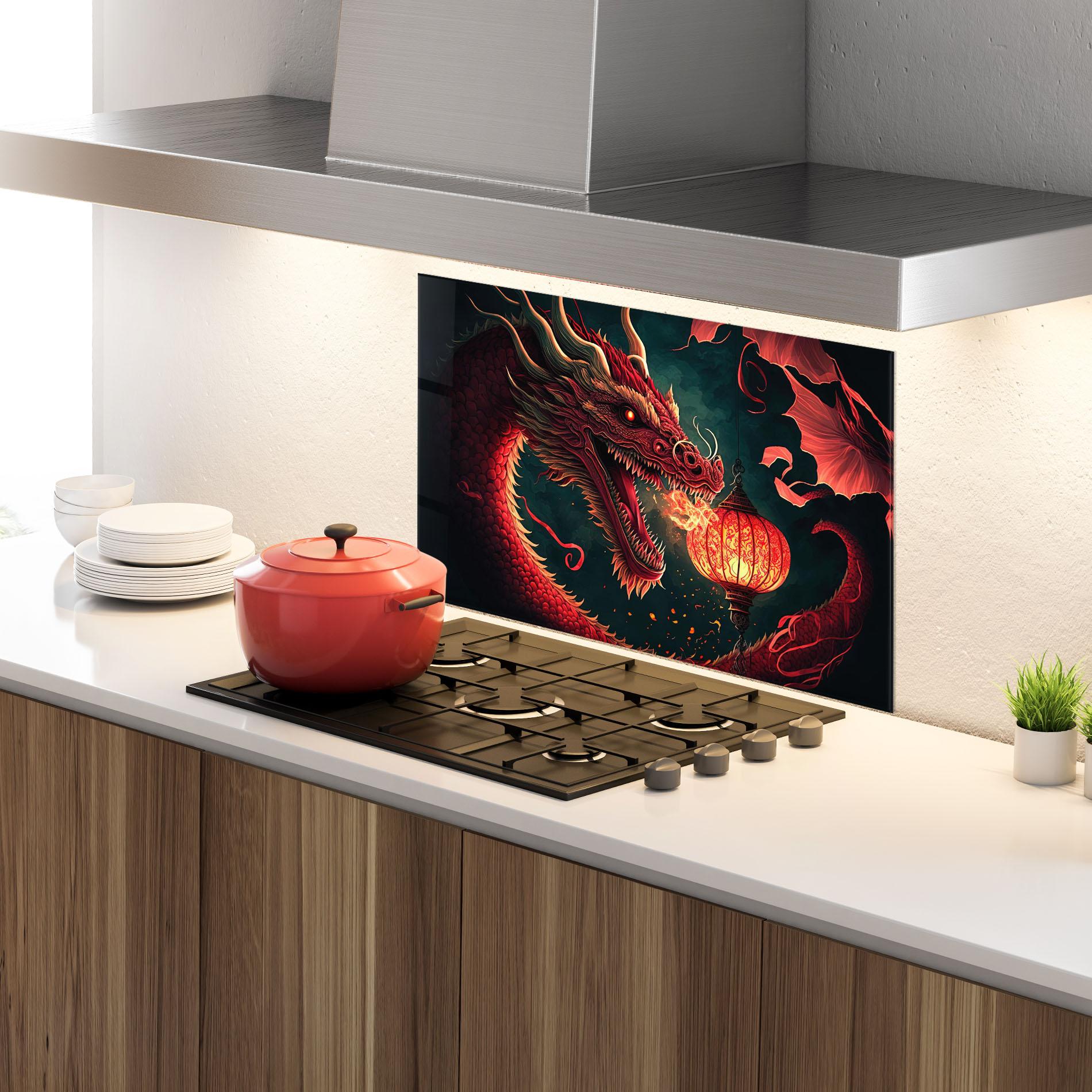 Küchenrückwand Glas Red Fire Dragon mockup 4