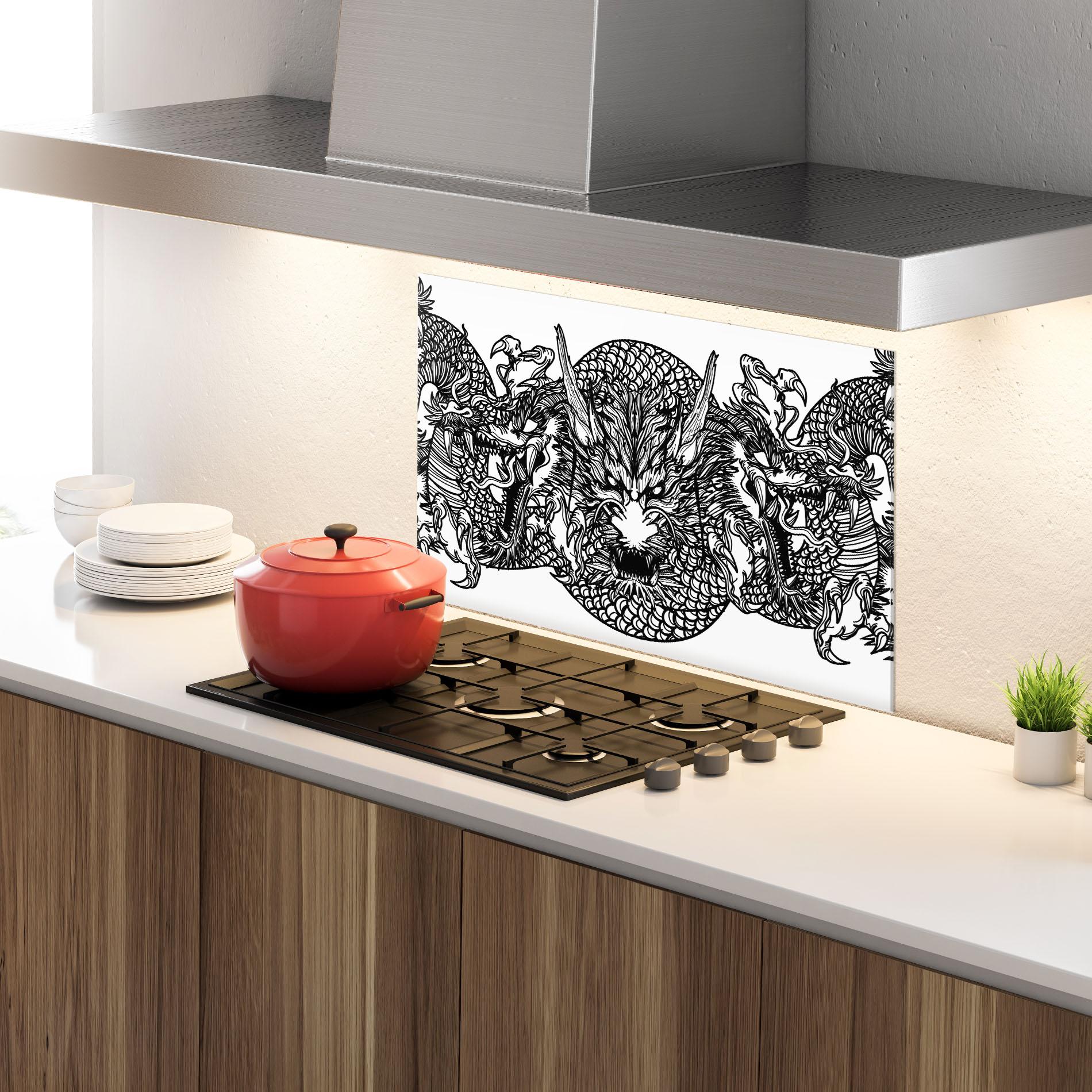 Küchenrückwand Glas Three Heads Dragon mockup 4