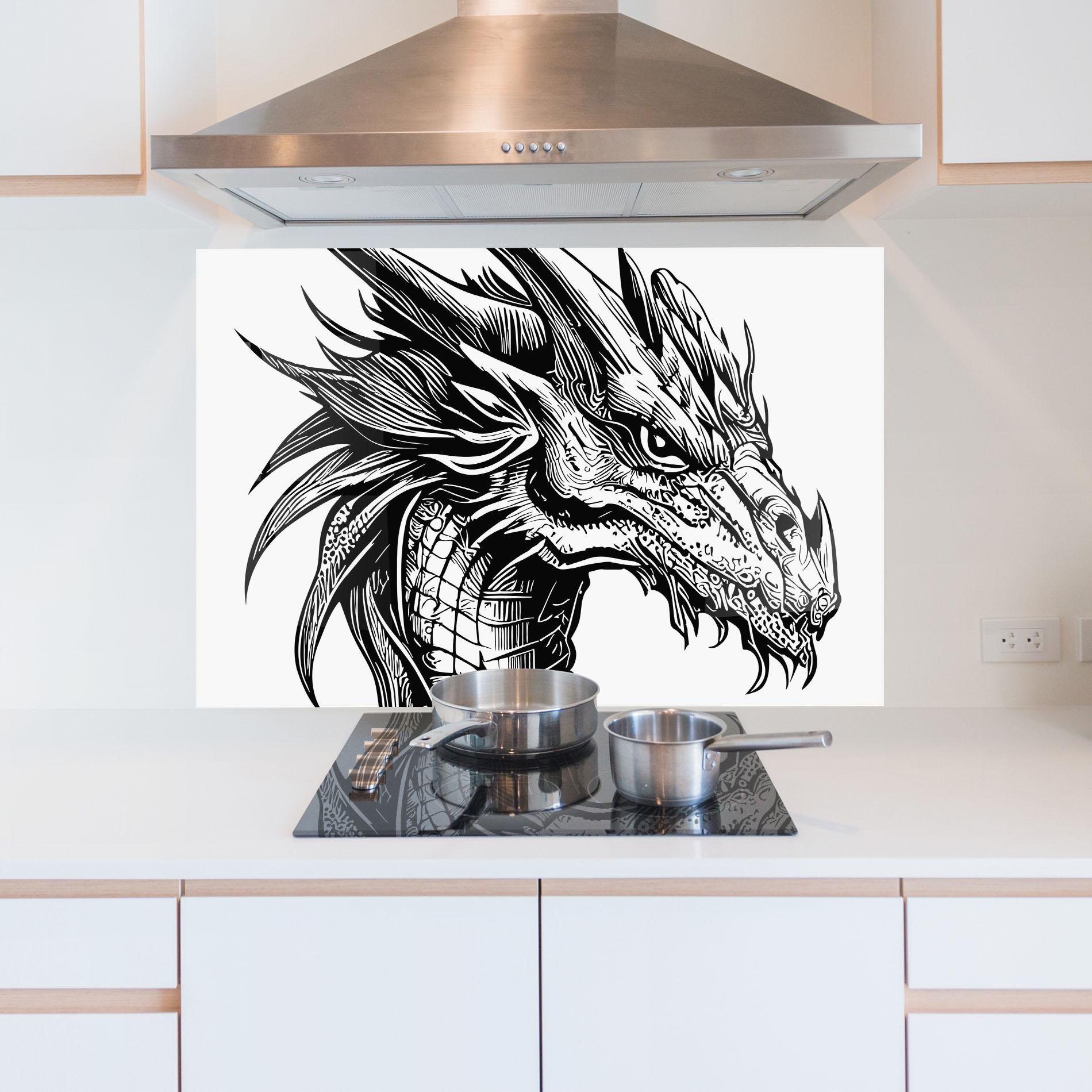 Küchenrückwand Glas Black Line Dragon mockup 5