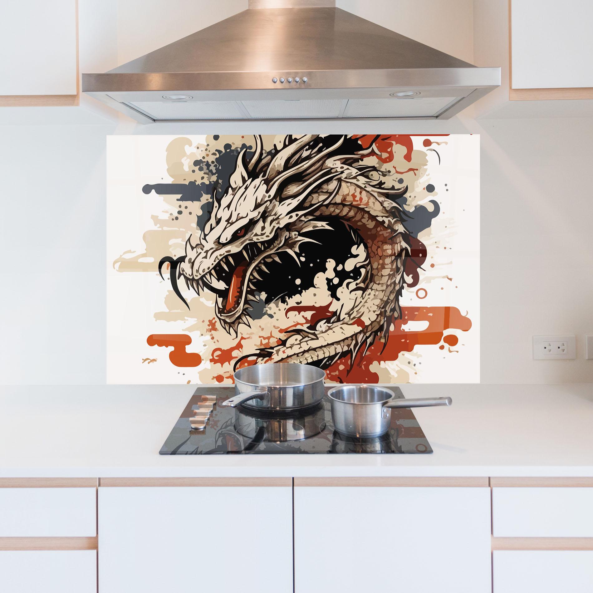 Küchenrückwand Glas Cream Dragon Art mockup 5