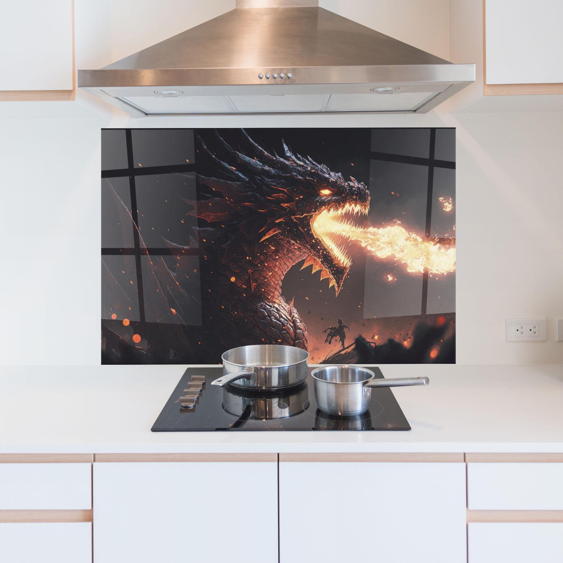 Küchenrückwand Glas Fire Explosion Dragon mockup 5