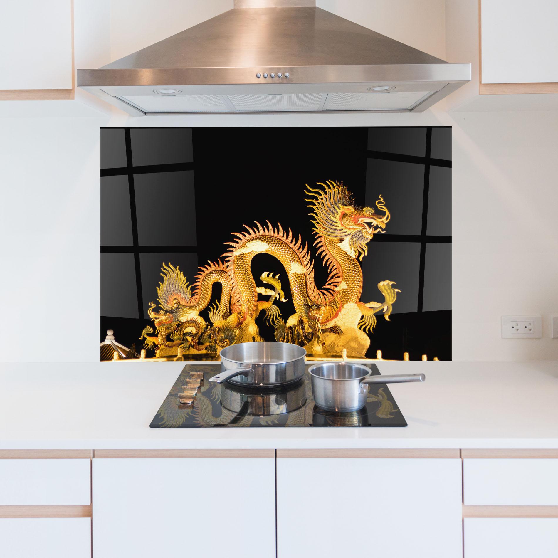 Küchenrückwand Glas Golden Dragon Lights mockup 5