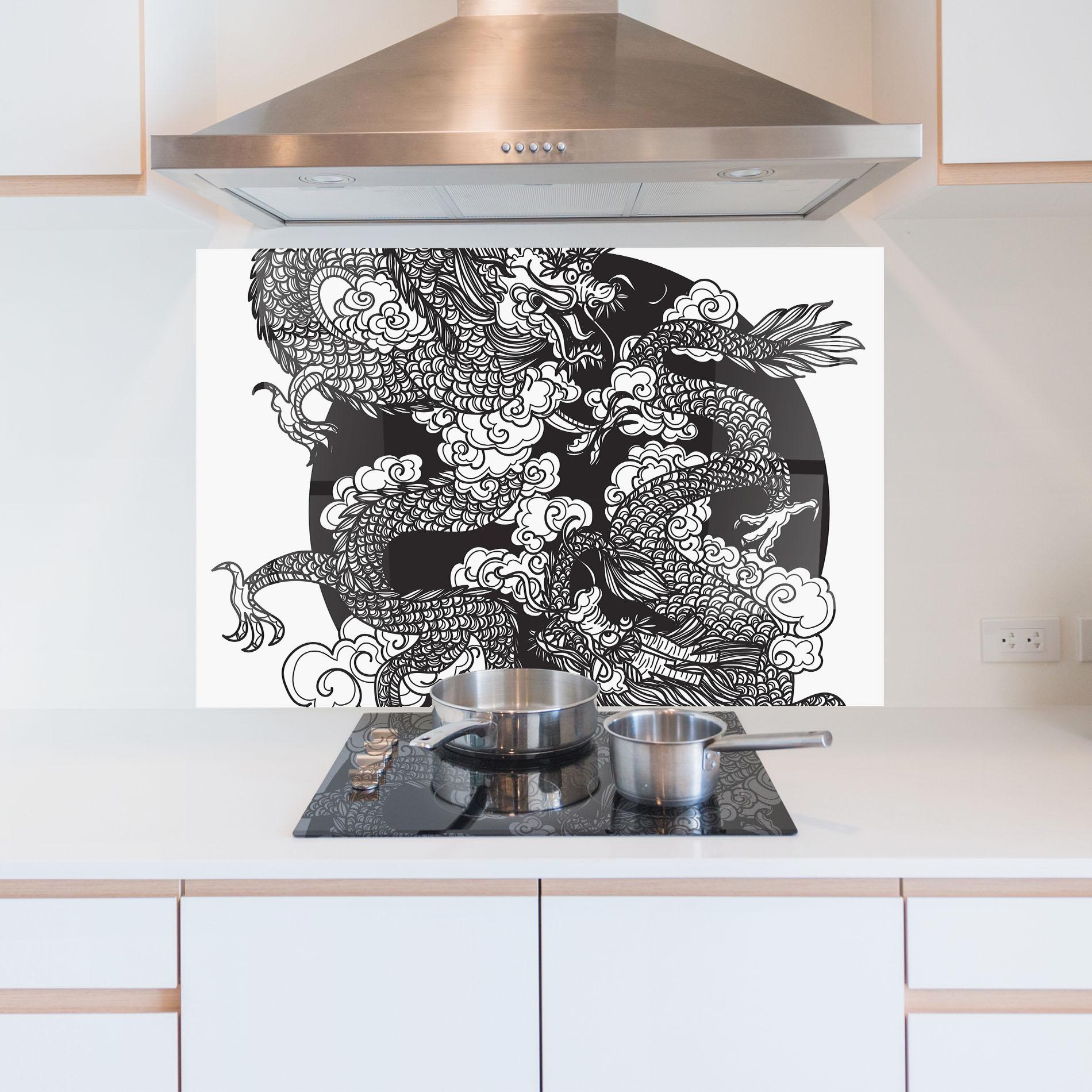 Küchenrückwand Glas Grey Moon Dragon mockup 5