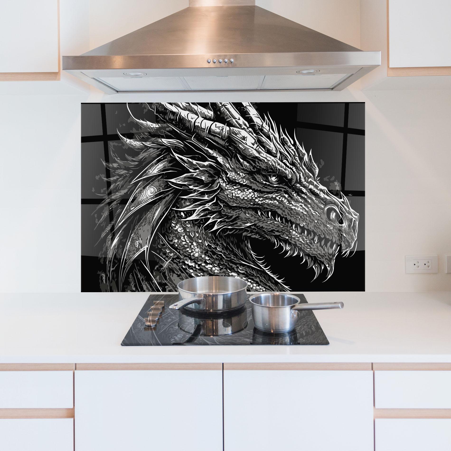 Küchenrückwand Glas Grey White Dragon mockup 5
