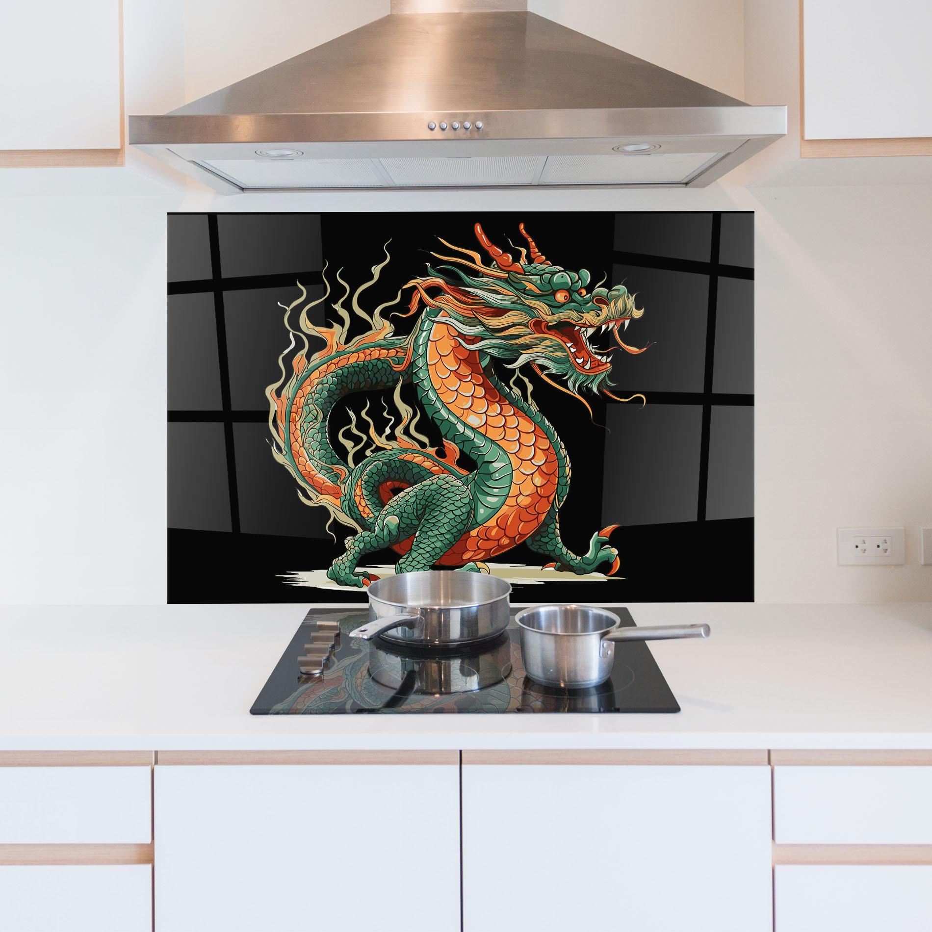 Küchenrückwand Glas Orange Green Dragon mockup 5