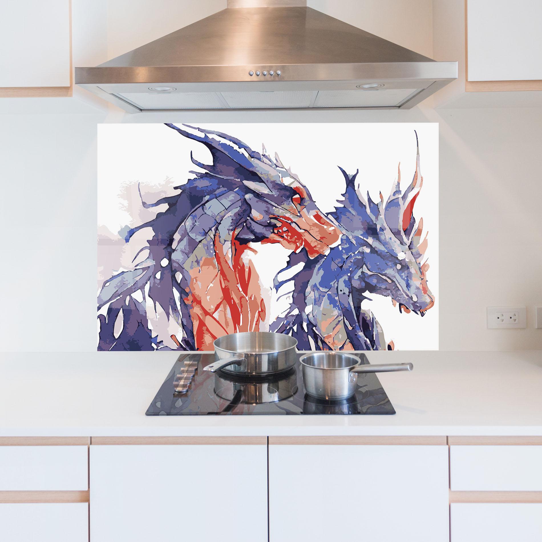 Küchenrückwand Glas Purple Orange Dragon mockup 5