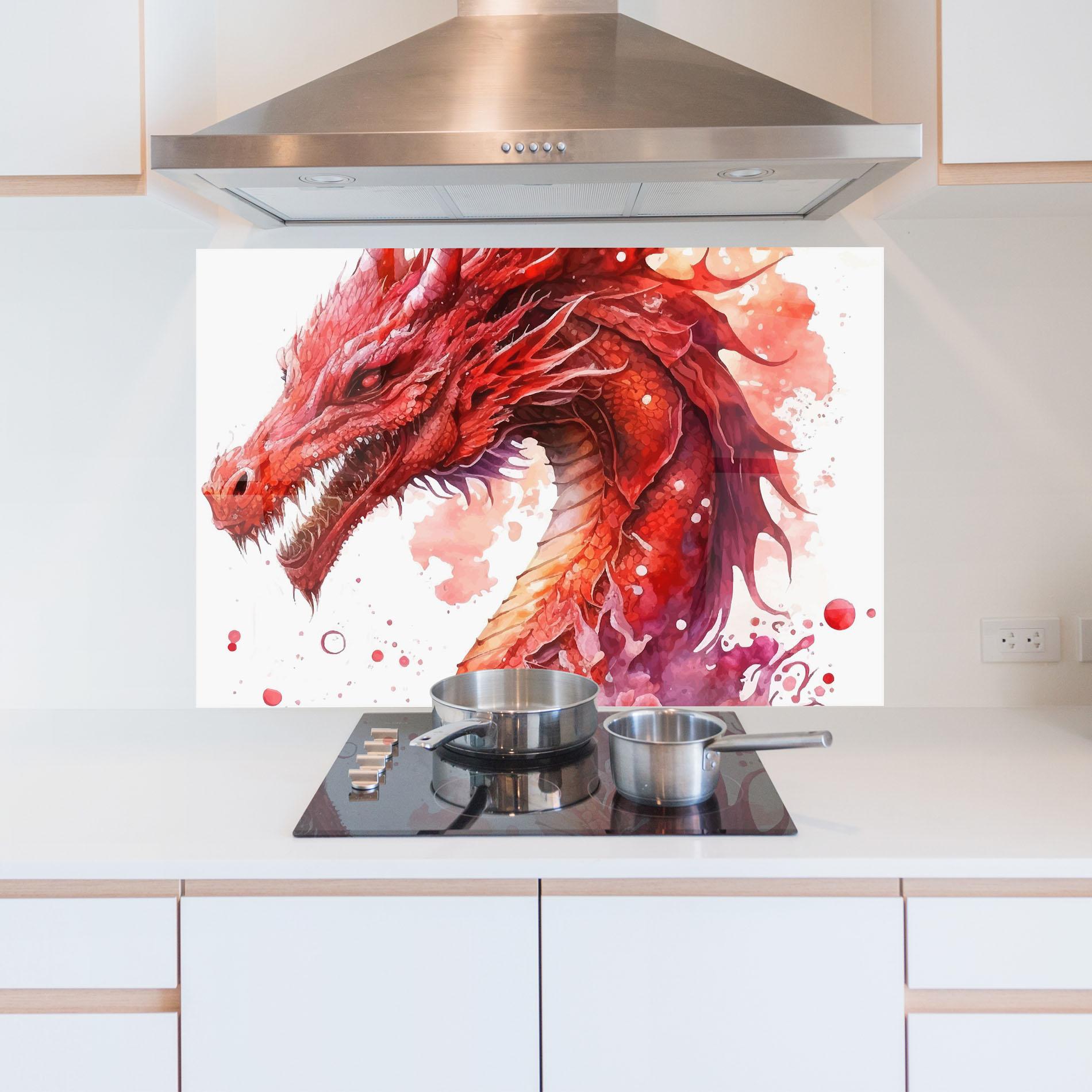 Küchenrückwand Glas Red Dragon Art mockup 5