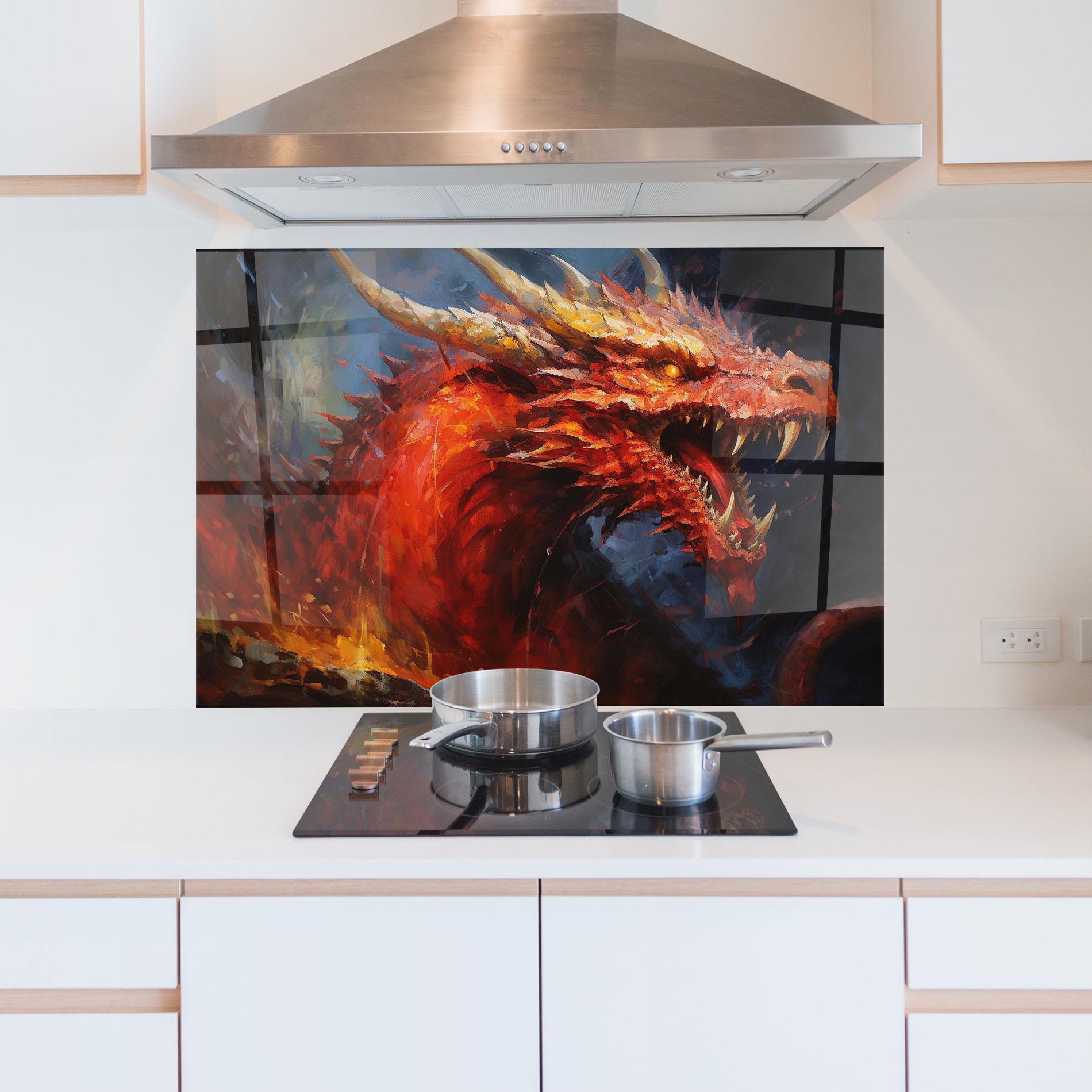 Küchenrückwand Glas Red Dragon Painting mockup 5