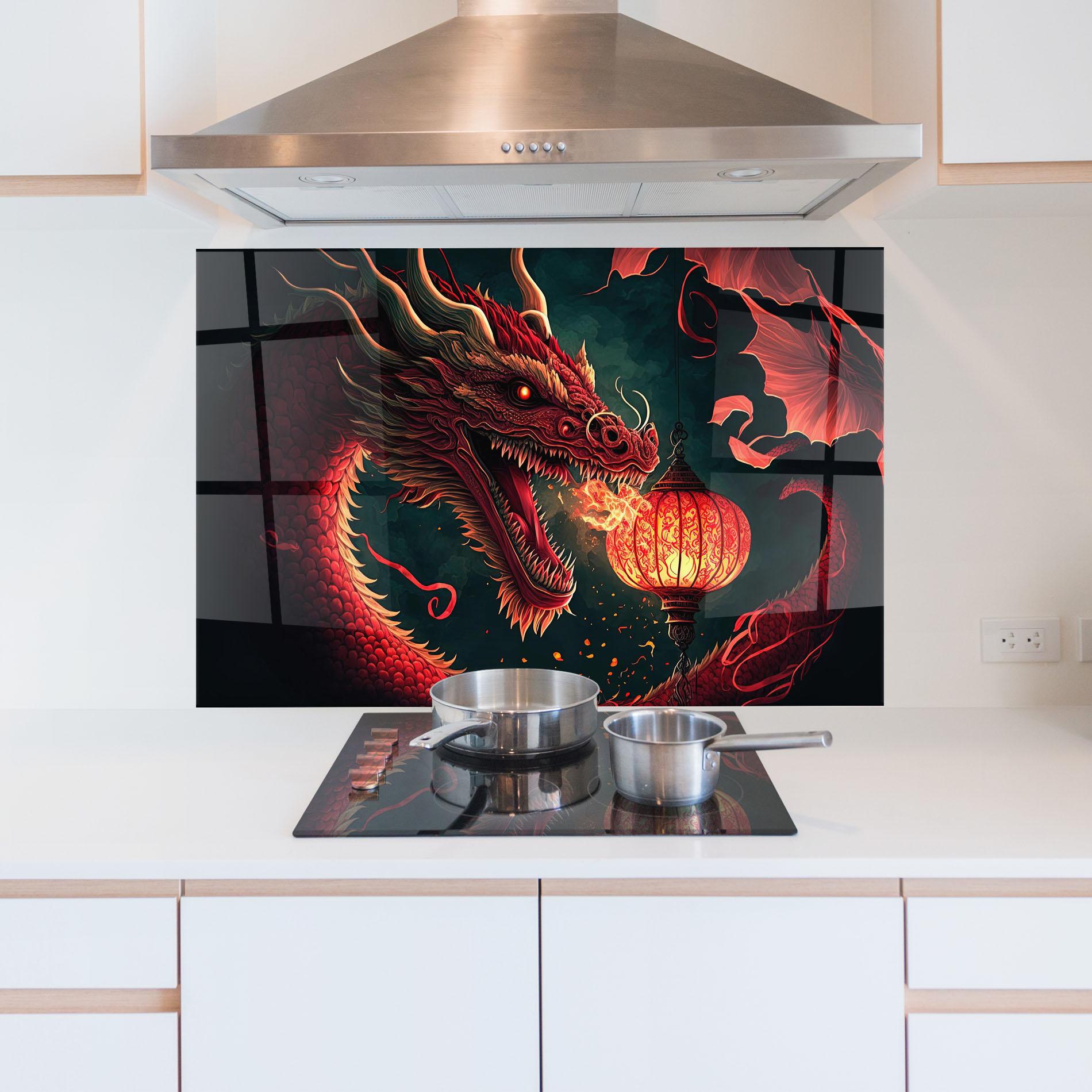 Küchenrückwand Glas Red Fire Dragon mockup 5
