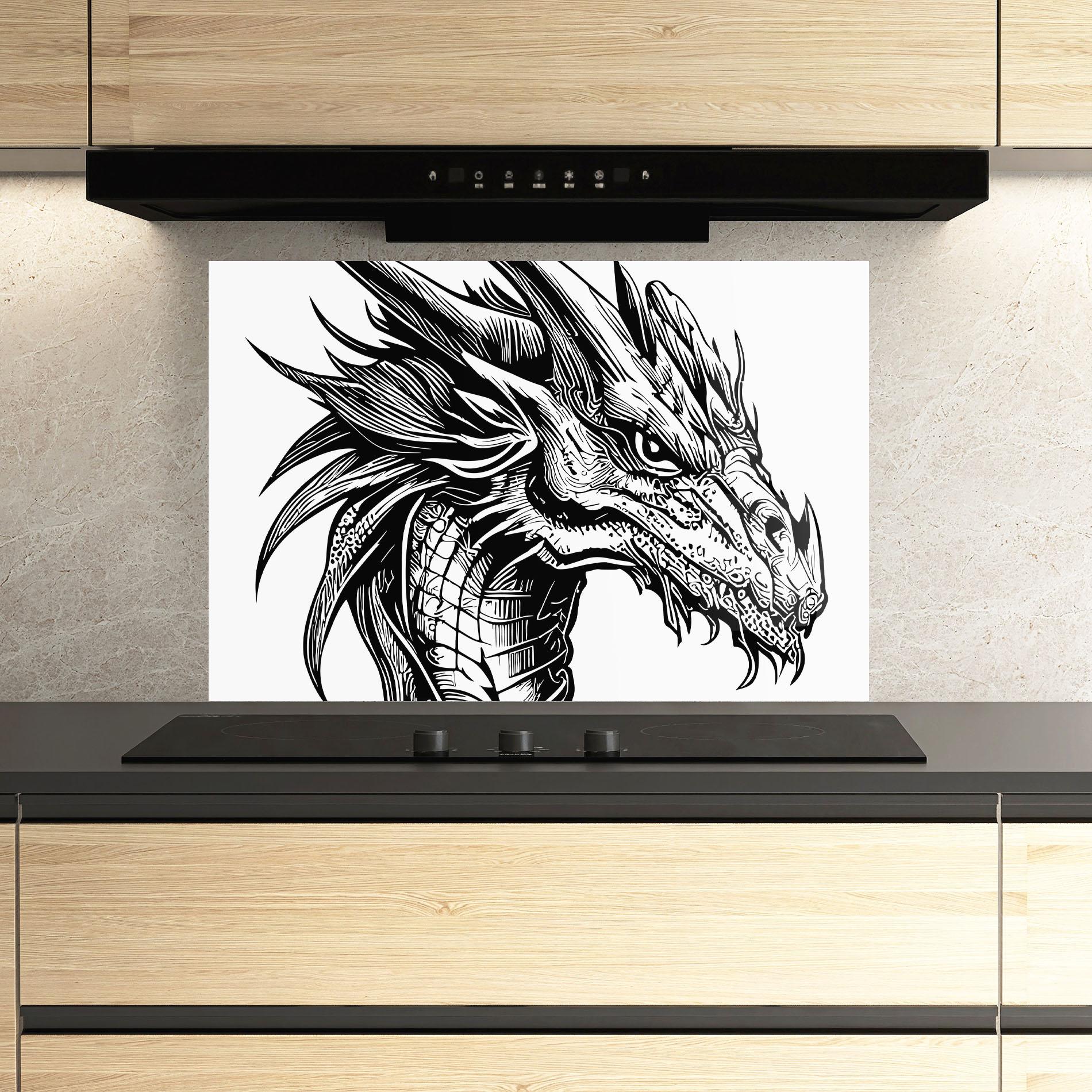 Küchenrückwand Glas Black Line Dragon mockup 3