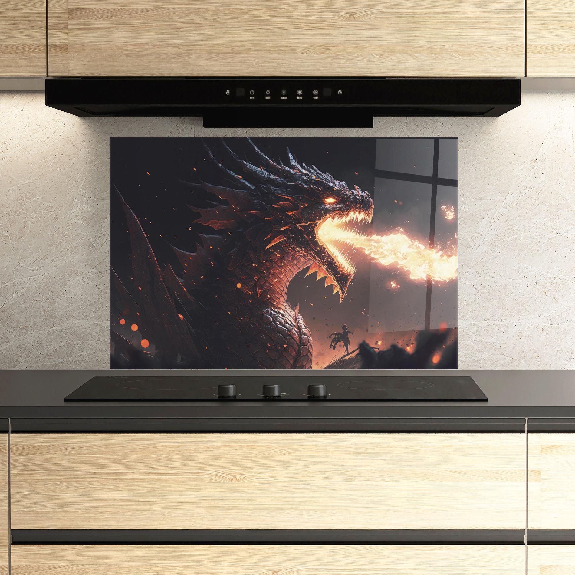 Küchenrückwand Glas Fire Explosion Dragon mockup 3
