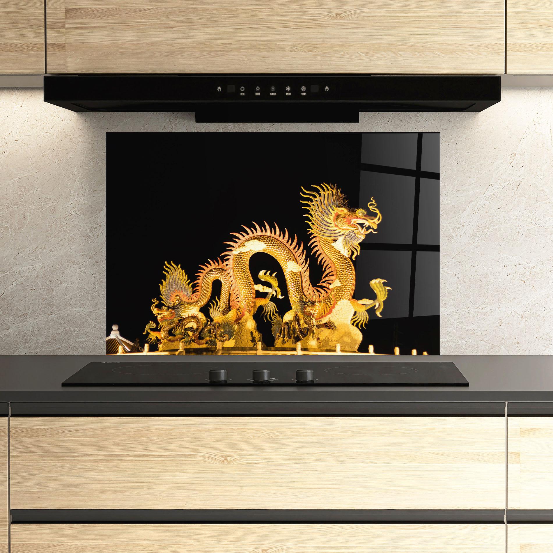 Küchenrückwand Glas Golden Dragon Lights mockup 3