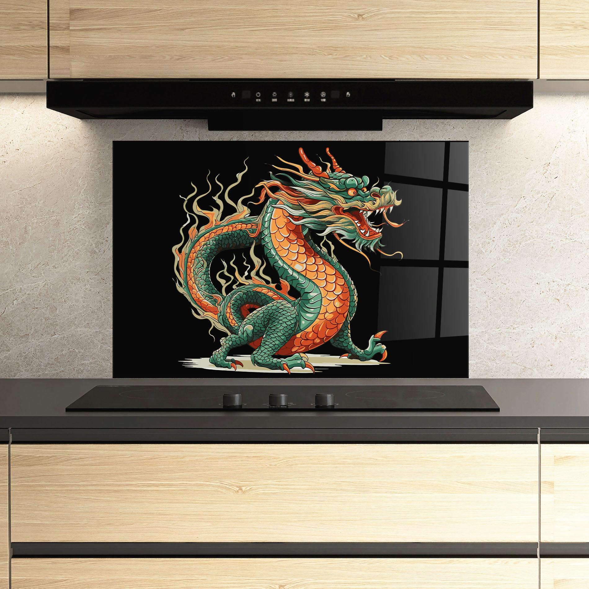Küchenrückwand Glas Orange Green Dragon mockup 3
