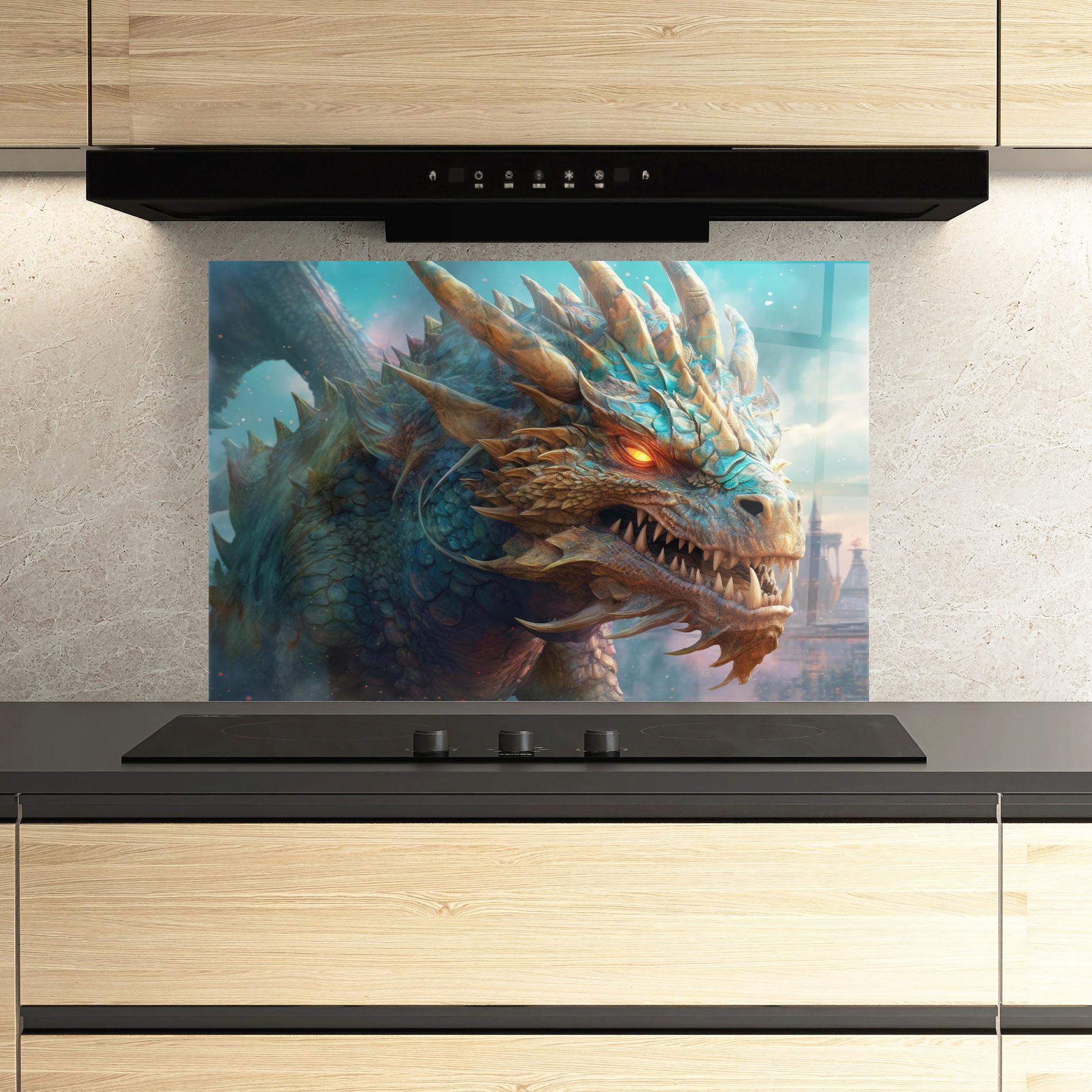 Küchenrückwand Glas Pretty Blue Dragon mockup 3