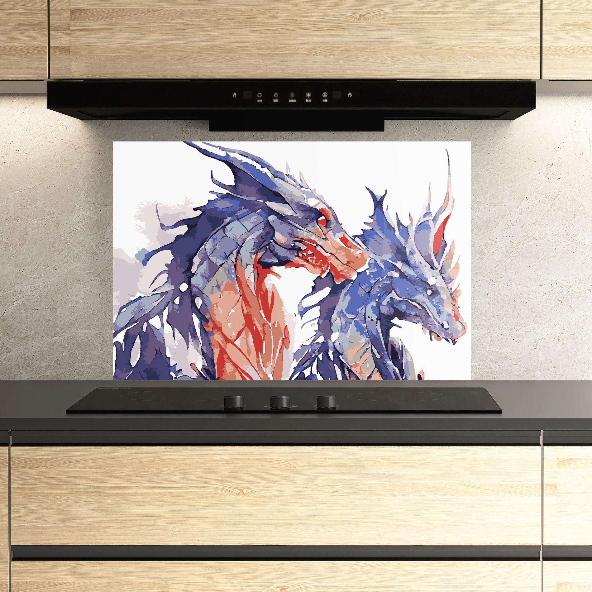 Küchenrückwand Glas Purple Orange Dragon mockup 3