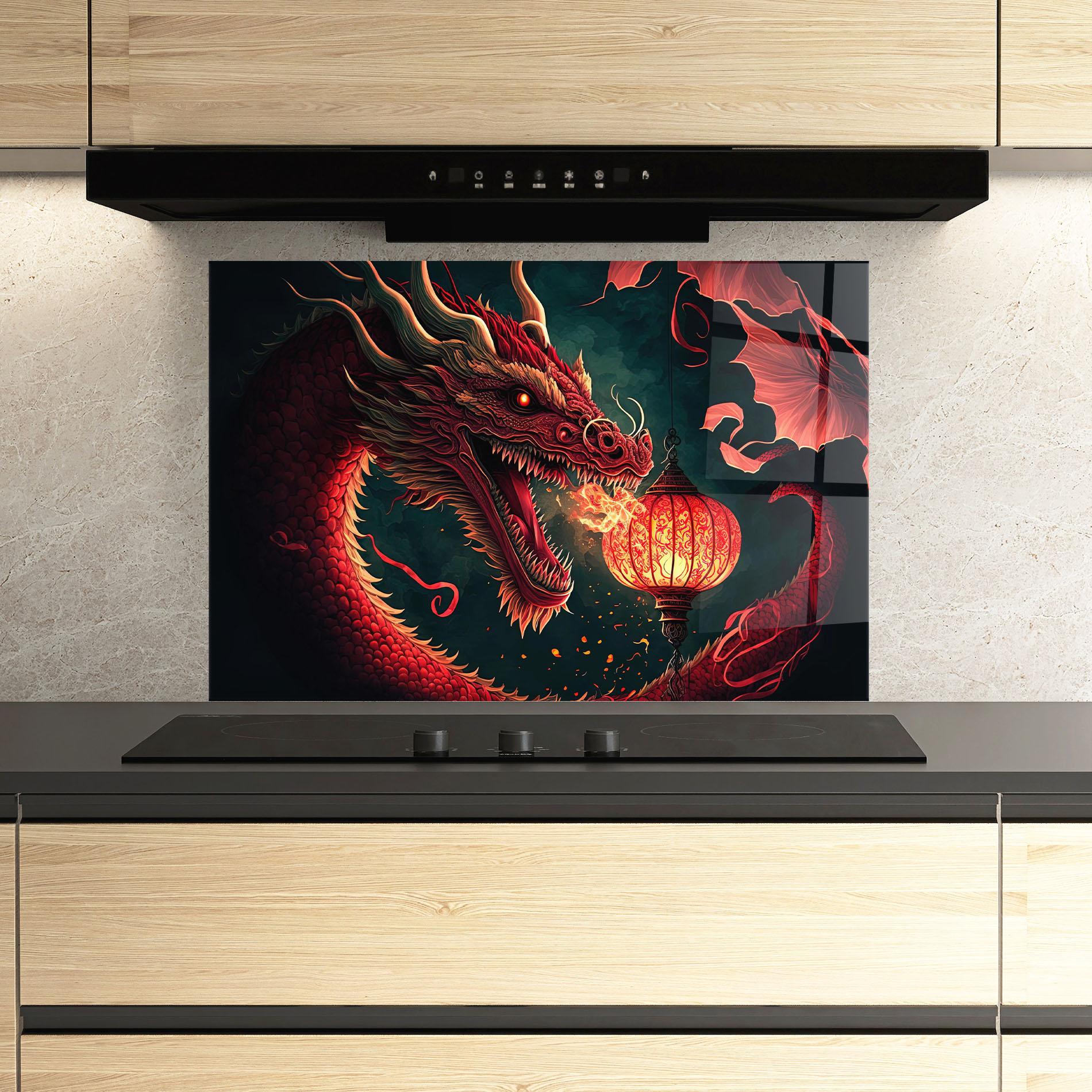 Küchenrückwand Glas Red Fire Dragon mockup 3