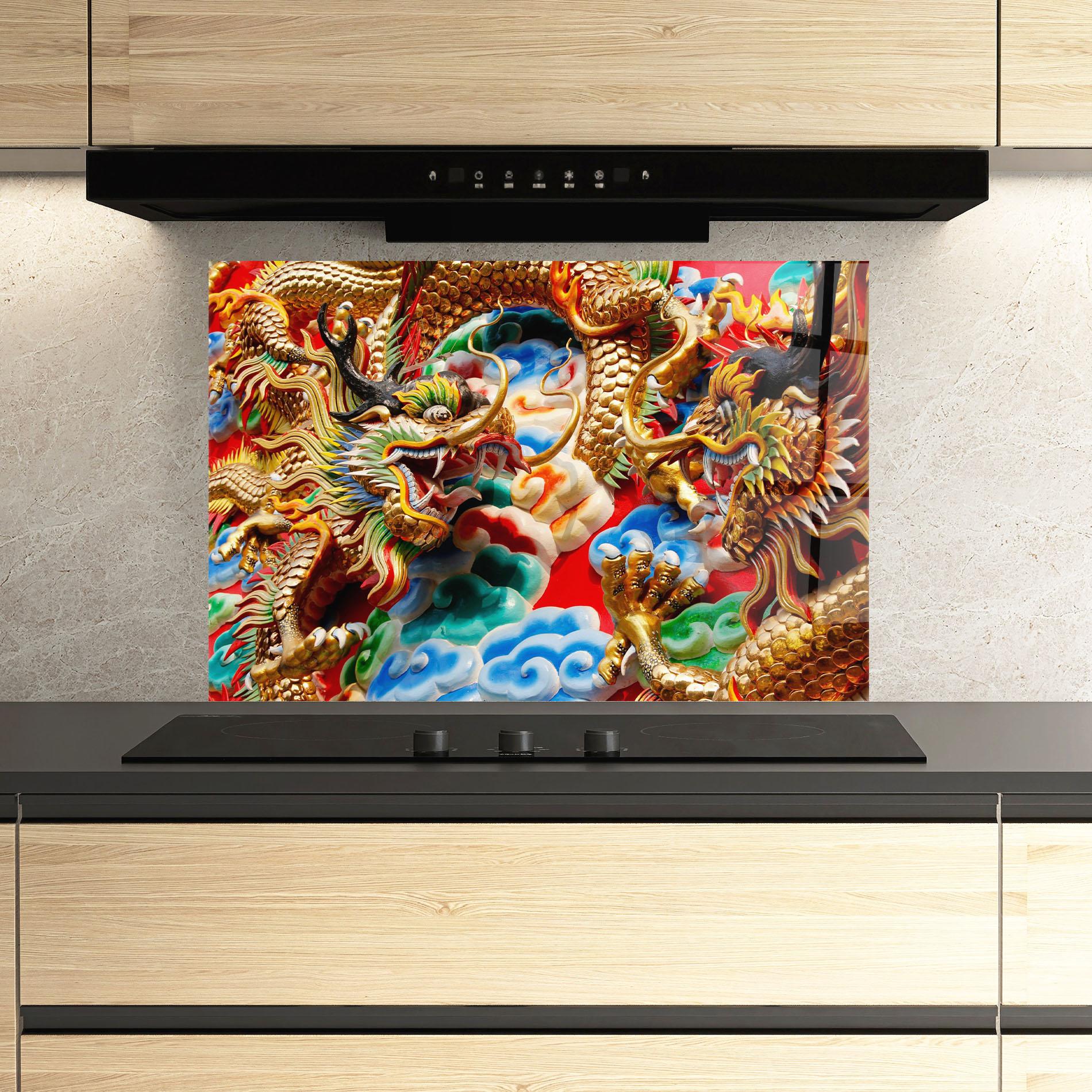 Küchenrückwand Glas Red Golden Dragon mockup 3