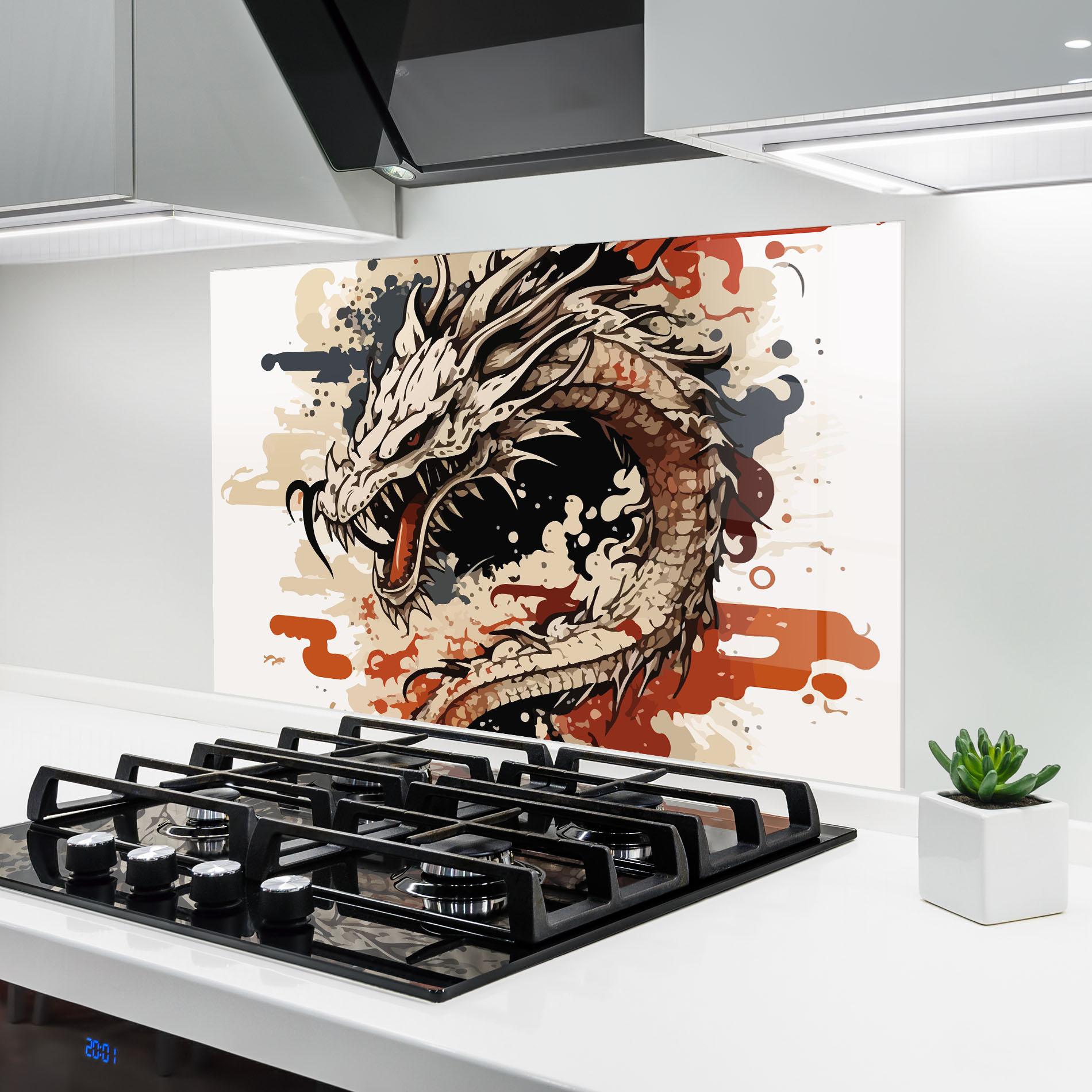 Küchenrückwand Glas Cream Dragon Art mockup 6