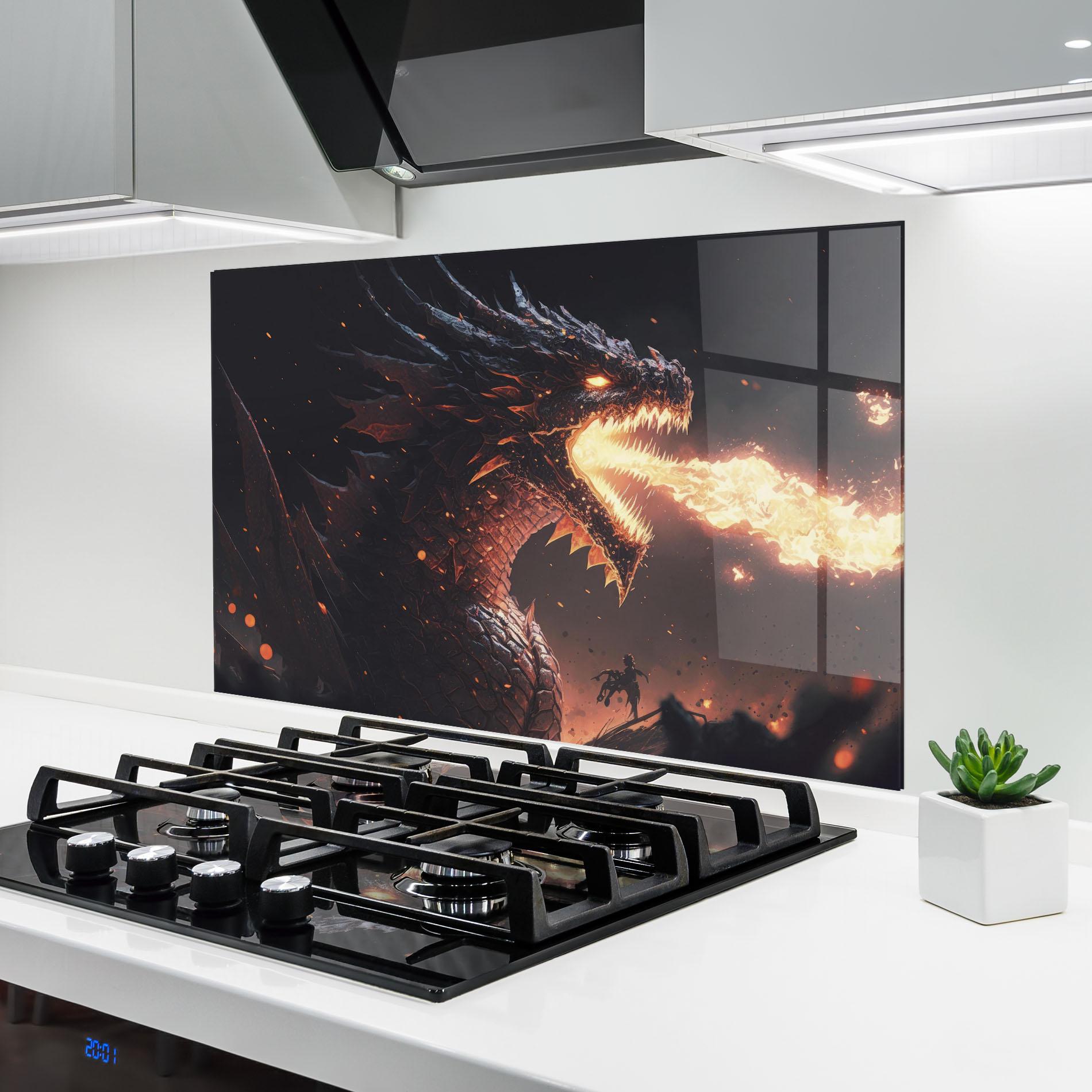 Küchenrückwand Glas Fire Explosion Dragon mockup 6