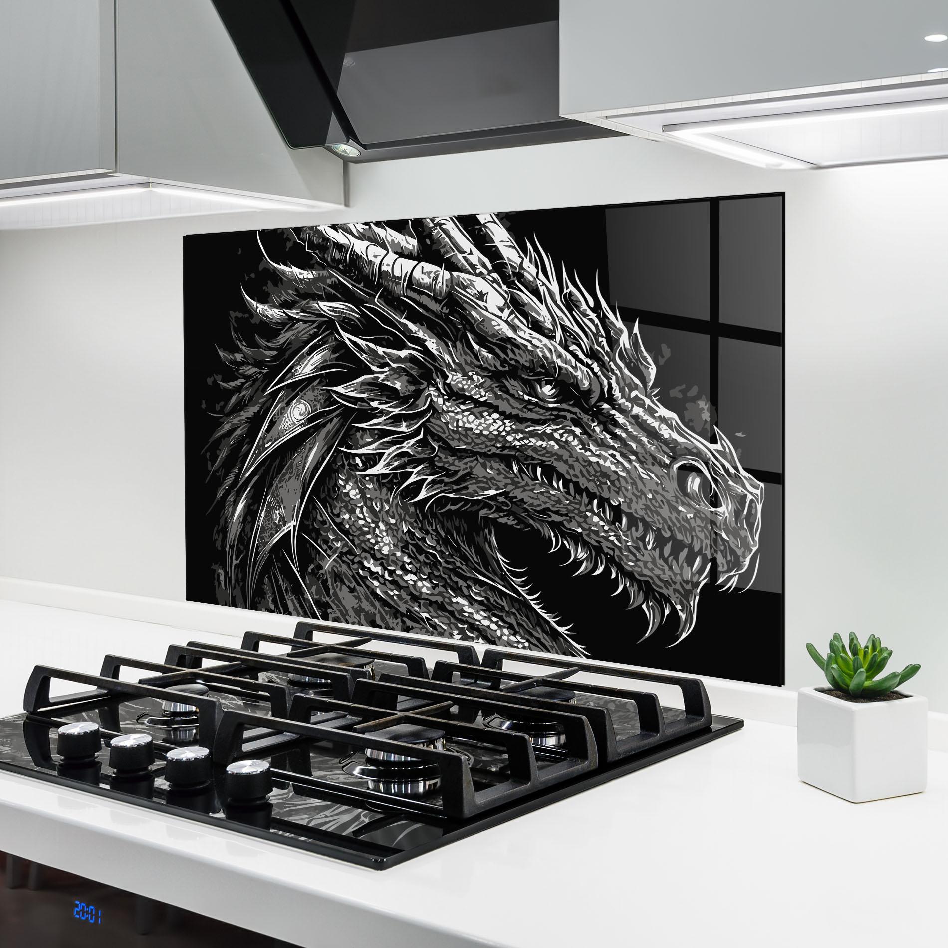Küchenrückwand Glas Grey White Dragon mockup 6