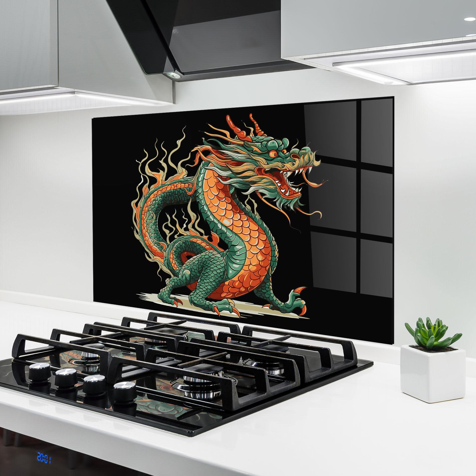 Küchenrückwand Glas Orange Green Dragon mockup 6
