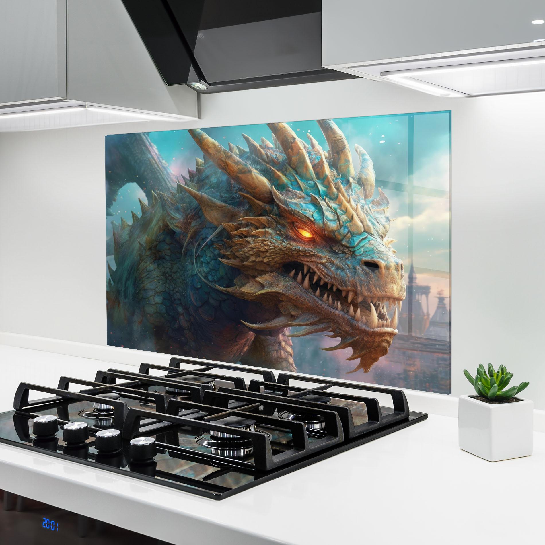 Küchenrückwand Glas Pretty Blue Dragon mockup 6