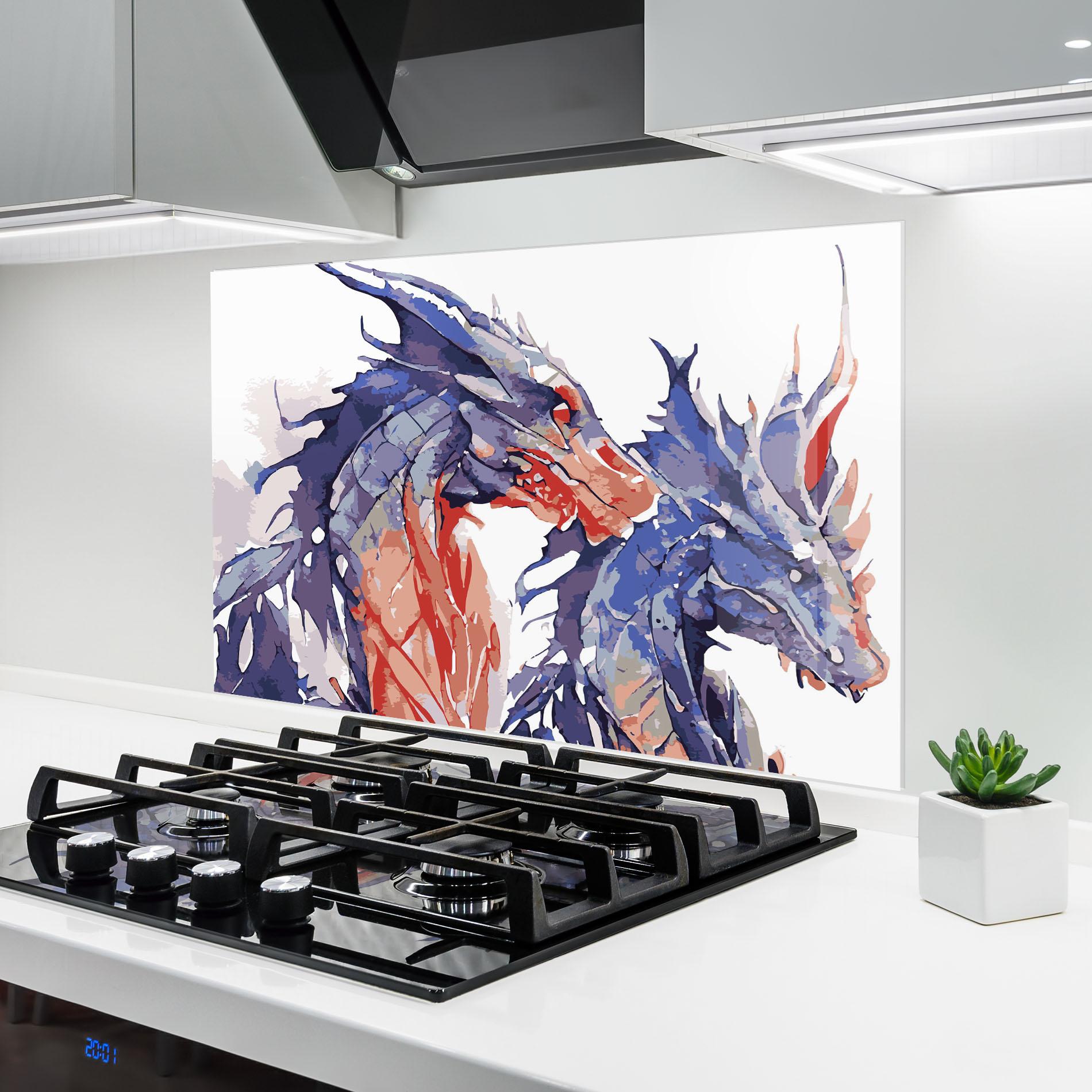 Küchenrückwand Glas Purple Orange Dragon mockup 6