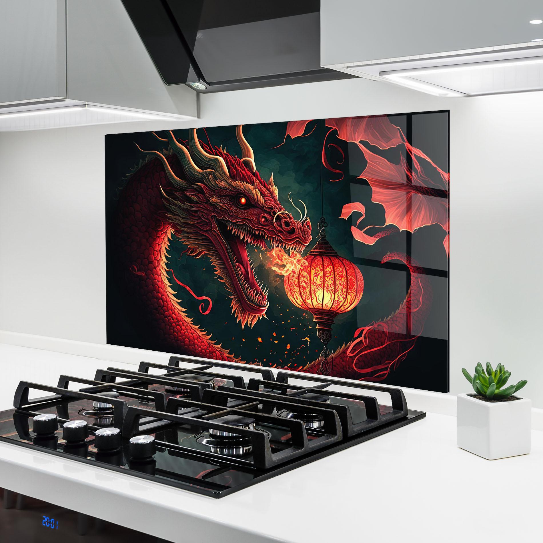 Küchenrückwand Glas Red Fire Dragon mockup 6