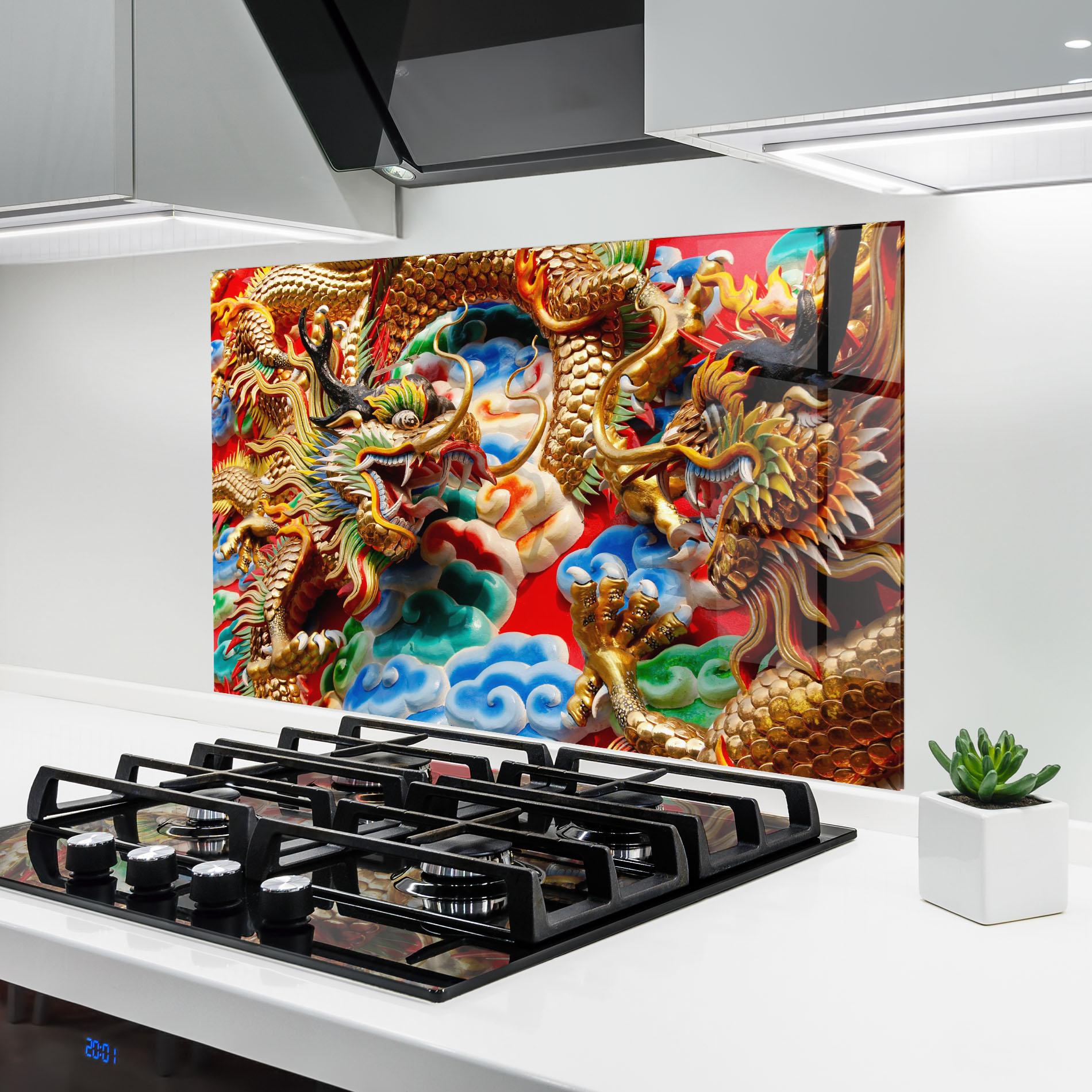 Küchenrückwand Glas Red Golden Dragon mockup 6