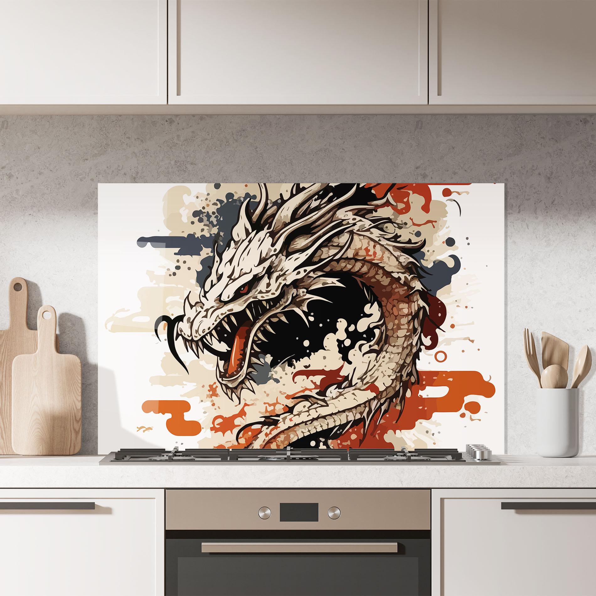 Küchenrückwand Glas Cream Dragon Art mockup 7