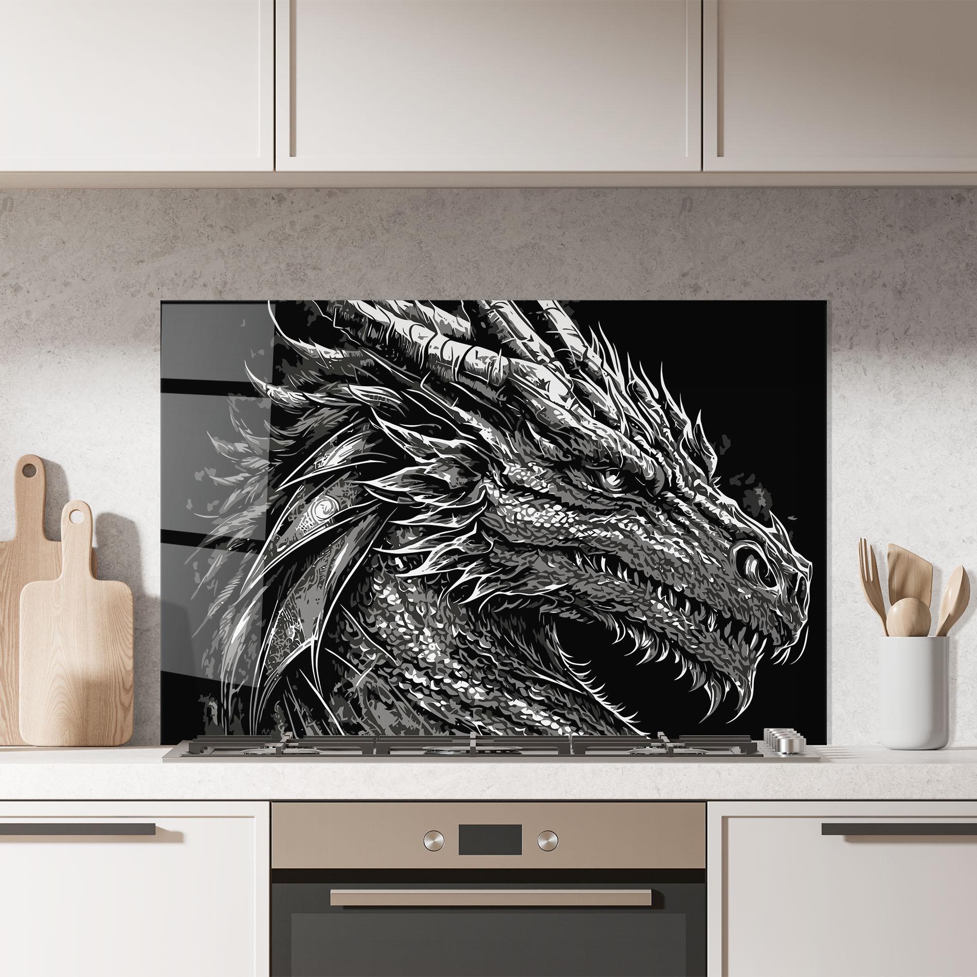 Küchenrückwand Glas Grey White Dragon mockup 7