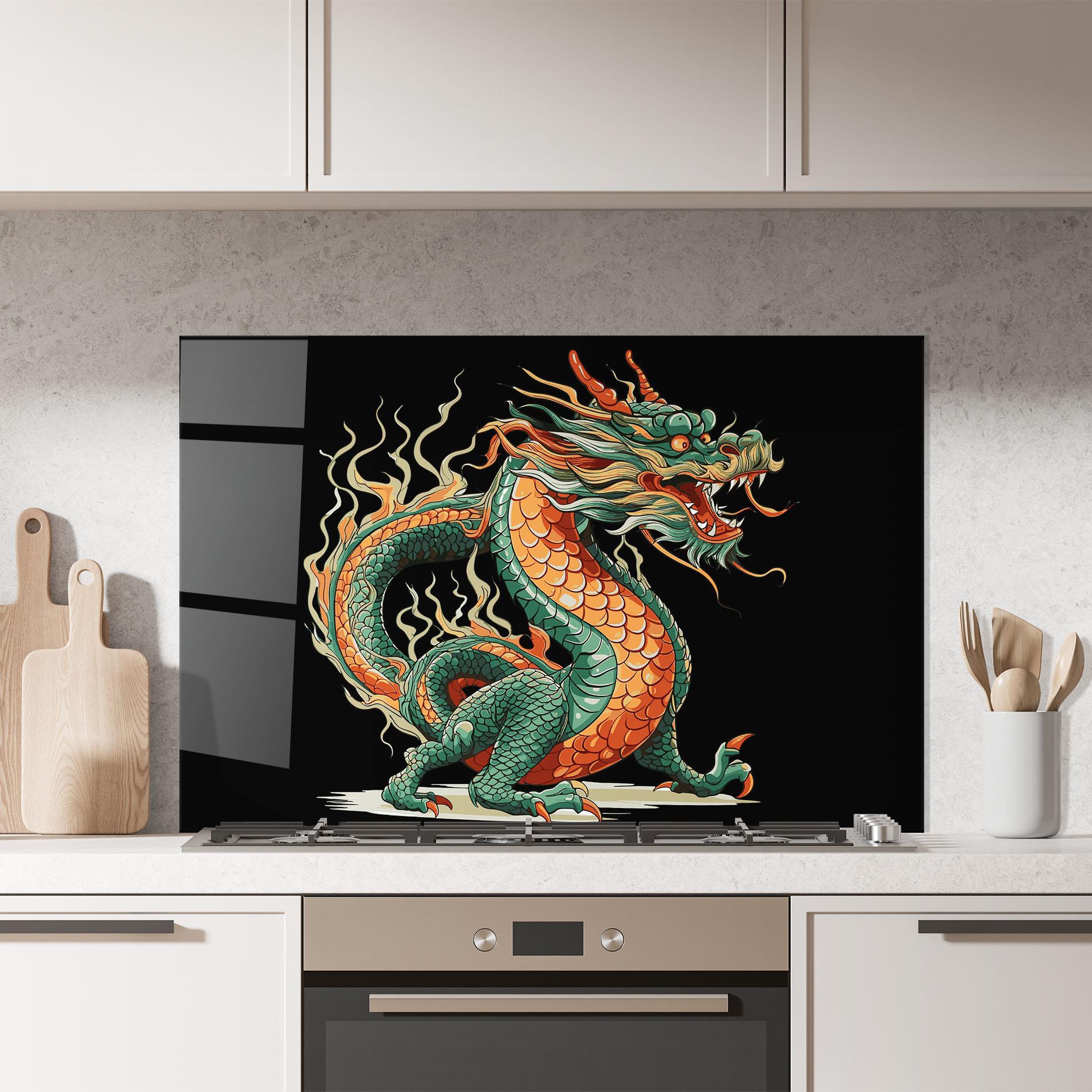 Küchenrückwand Glas Orange Green Dragon mockup 7