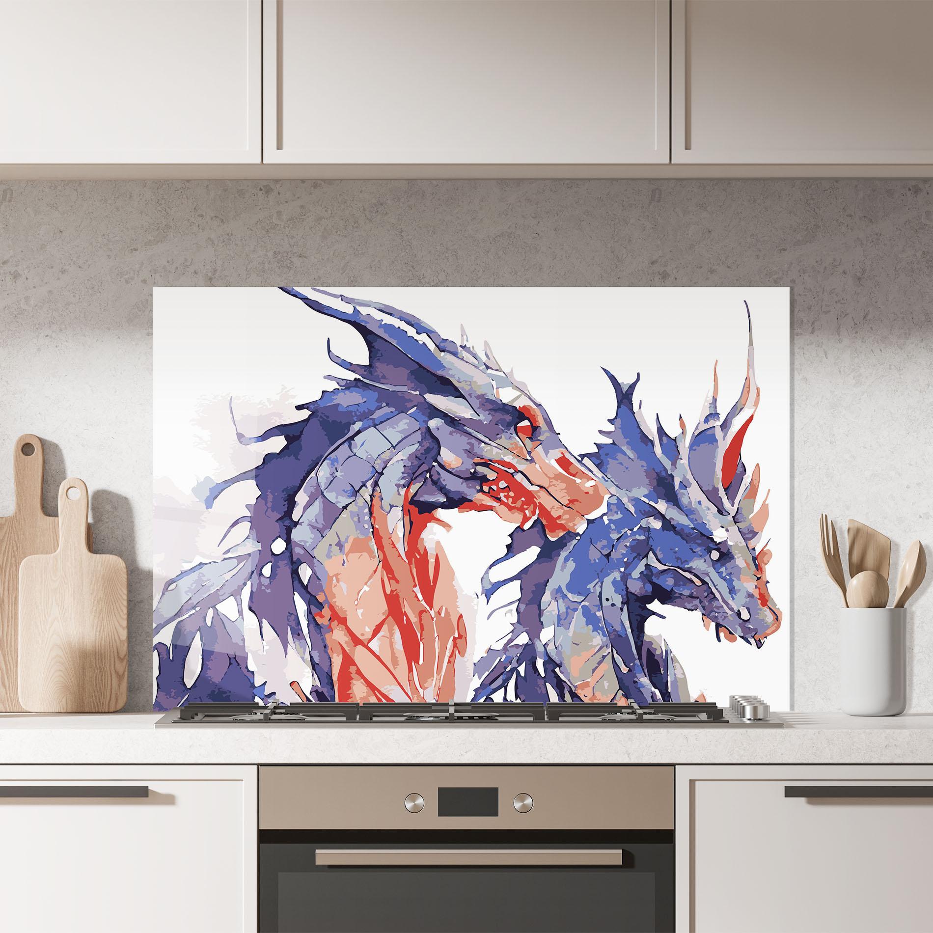 Küchenrückwand Glas Purple Orange Dragon mockup 7