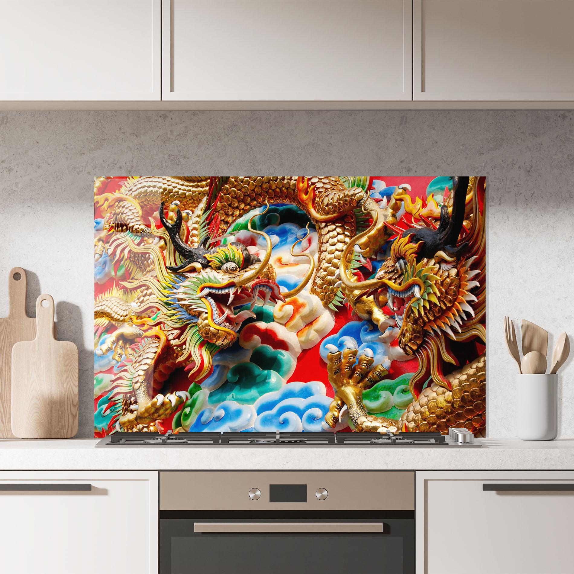 Küchenrückwand Glas Red Golden Dragon mockup 7