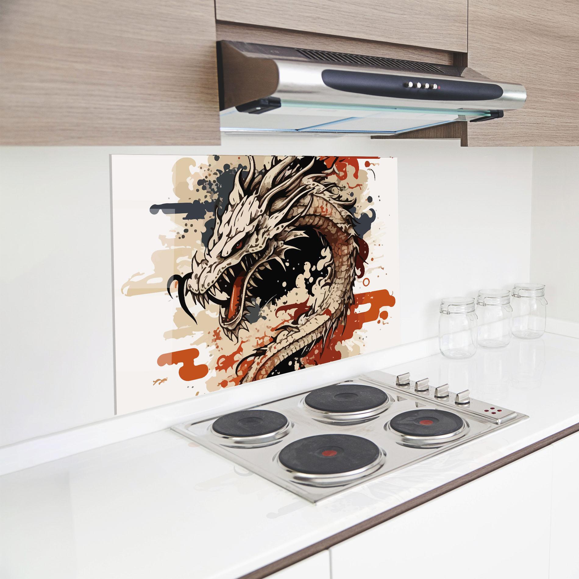 Küchenrückwand Glas Cream Dragon Art mockup 8