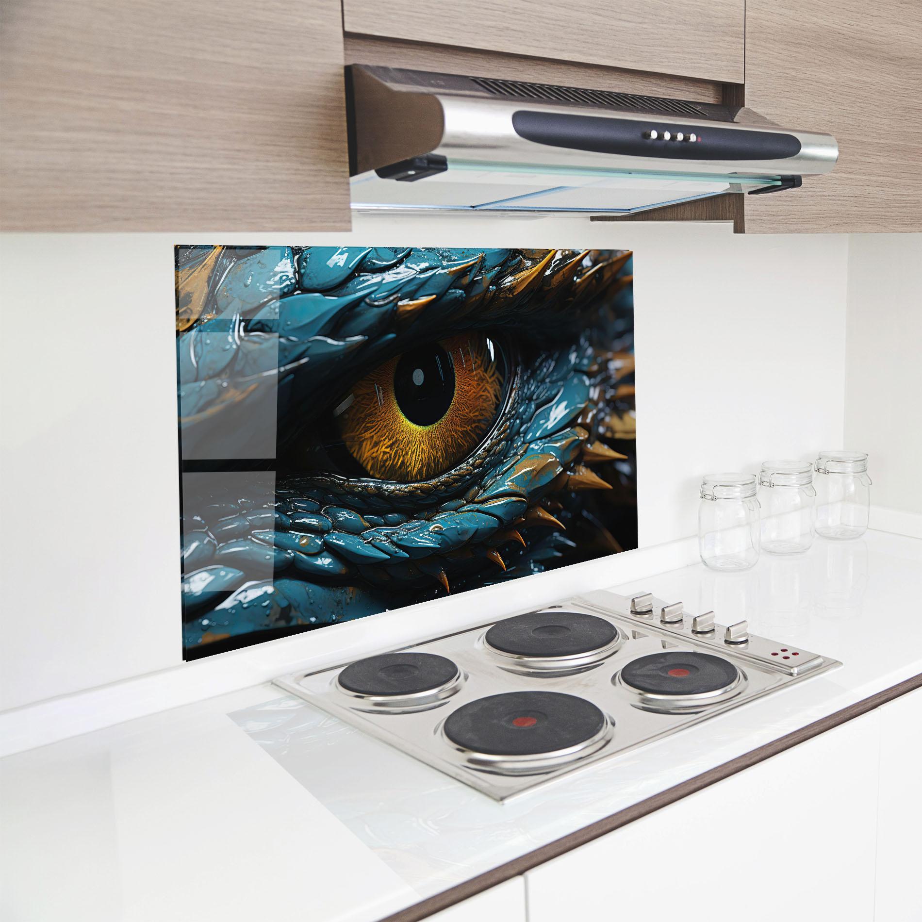 Küchenrückwand Glas Dragon Eye Close Up mockup 8