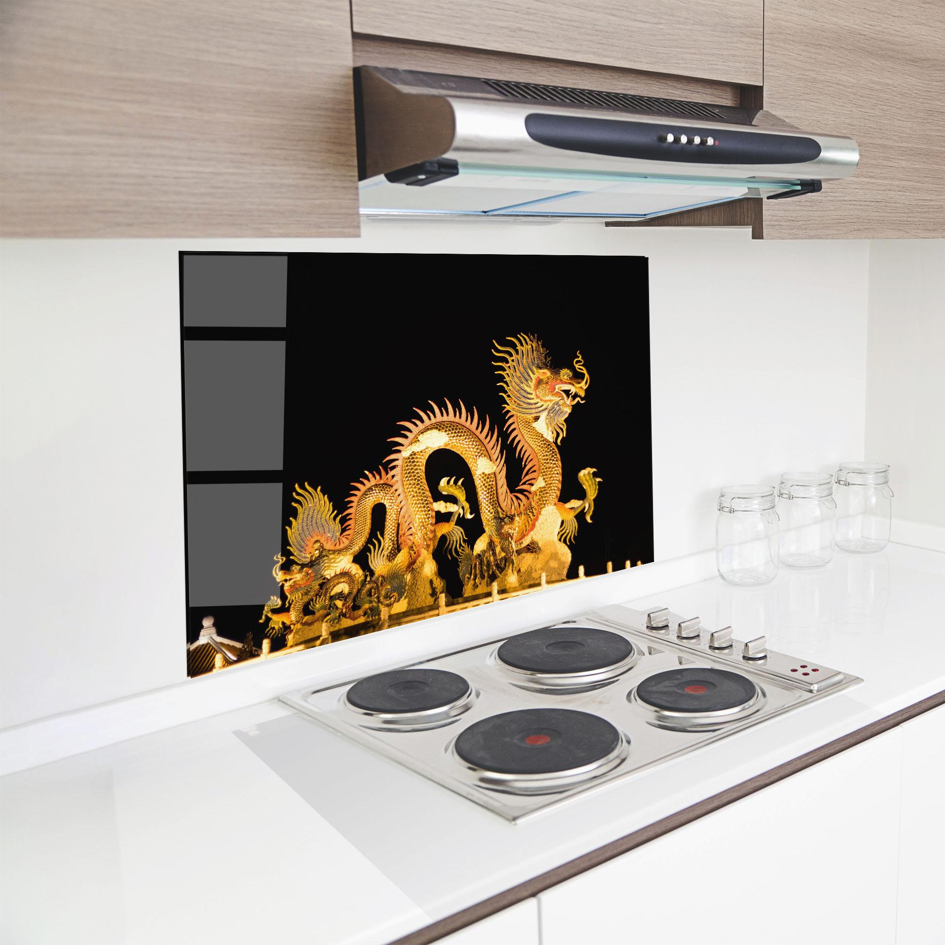 Küchenrückwand Glas Golden Dragon Lights mockup 8