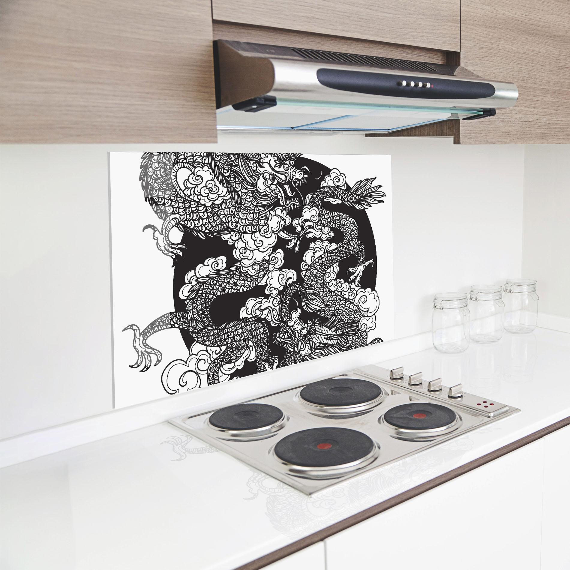 Küchenrückwand Glas Grey Moon Dragon mockup 8