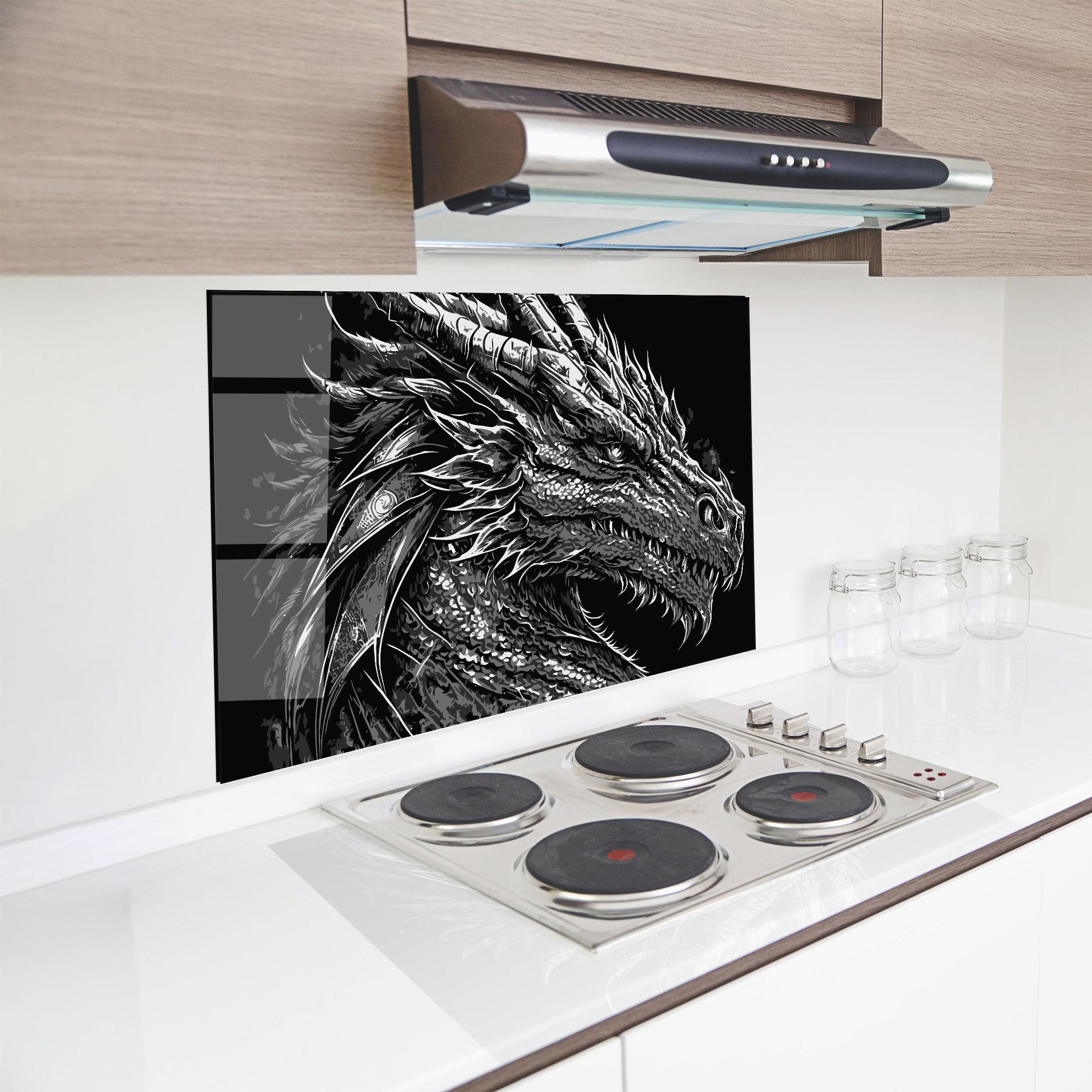 Küchenrückwand Glas Grey White Dragon mockup 8