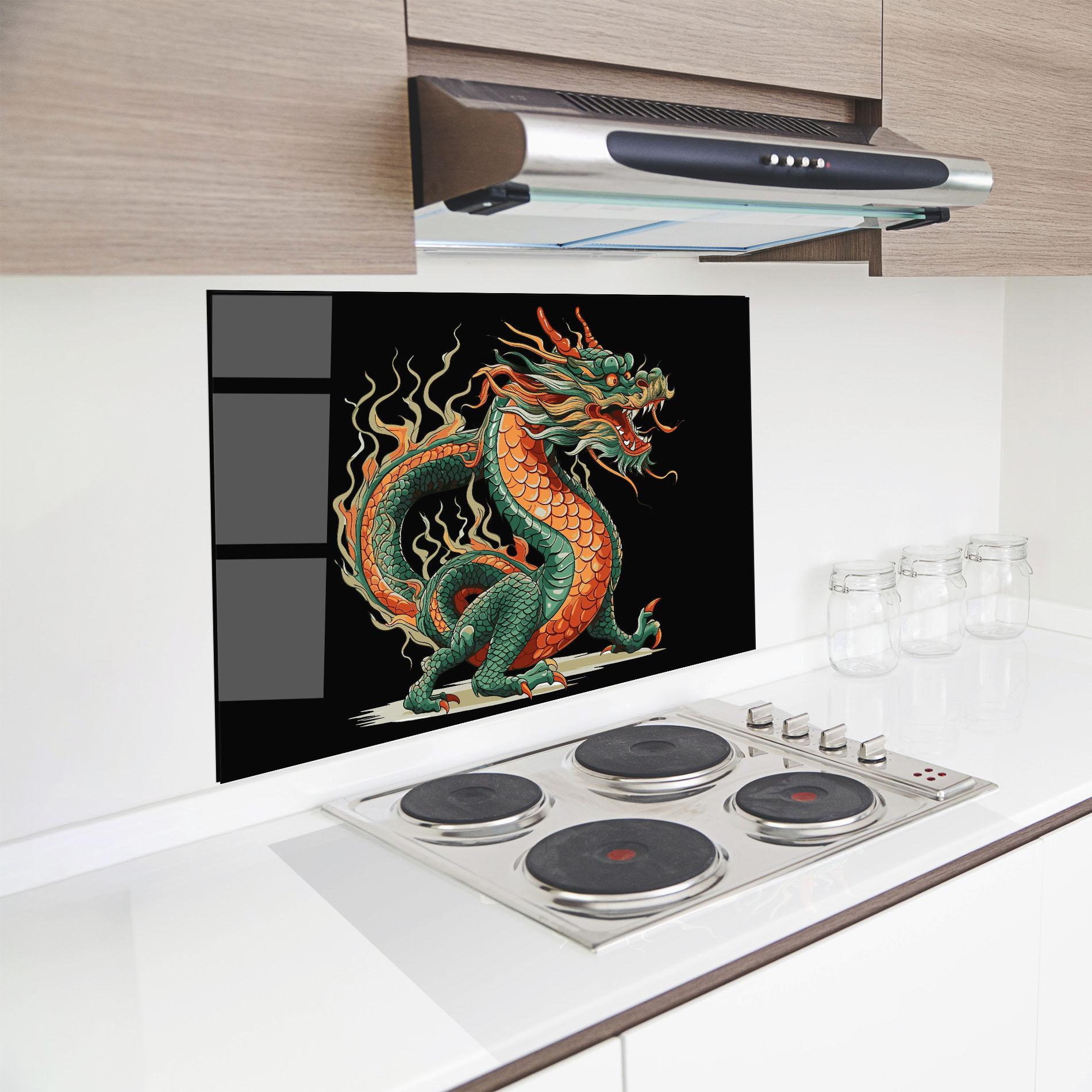 Küchenrückwand Glas Orange Green Dragon mockup 8