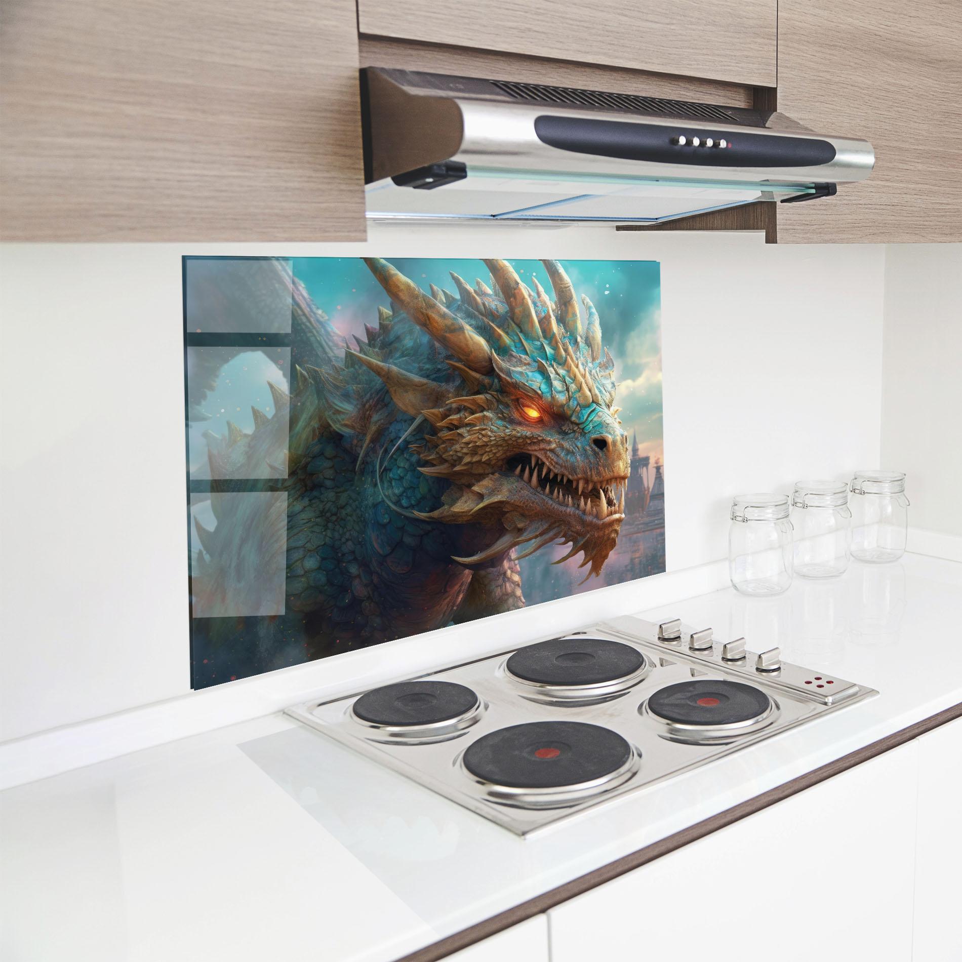 Küchenrückwand Glas Pretty Blue Dragon mockup 8