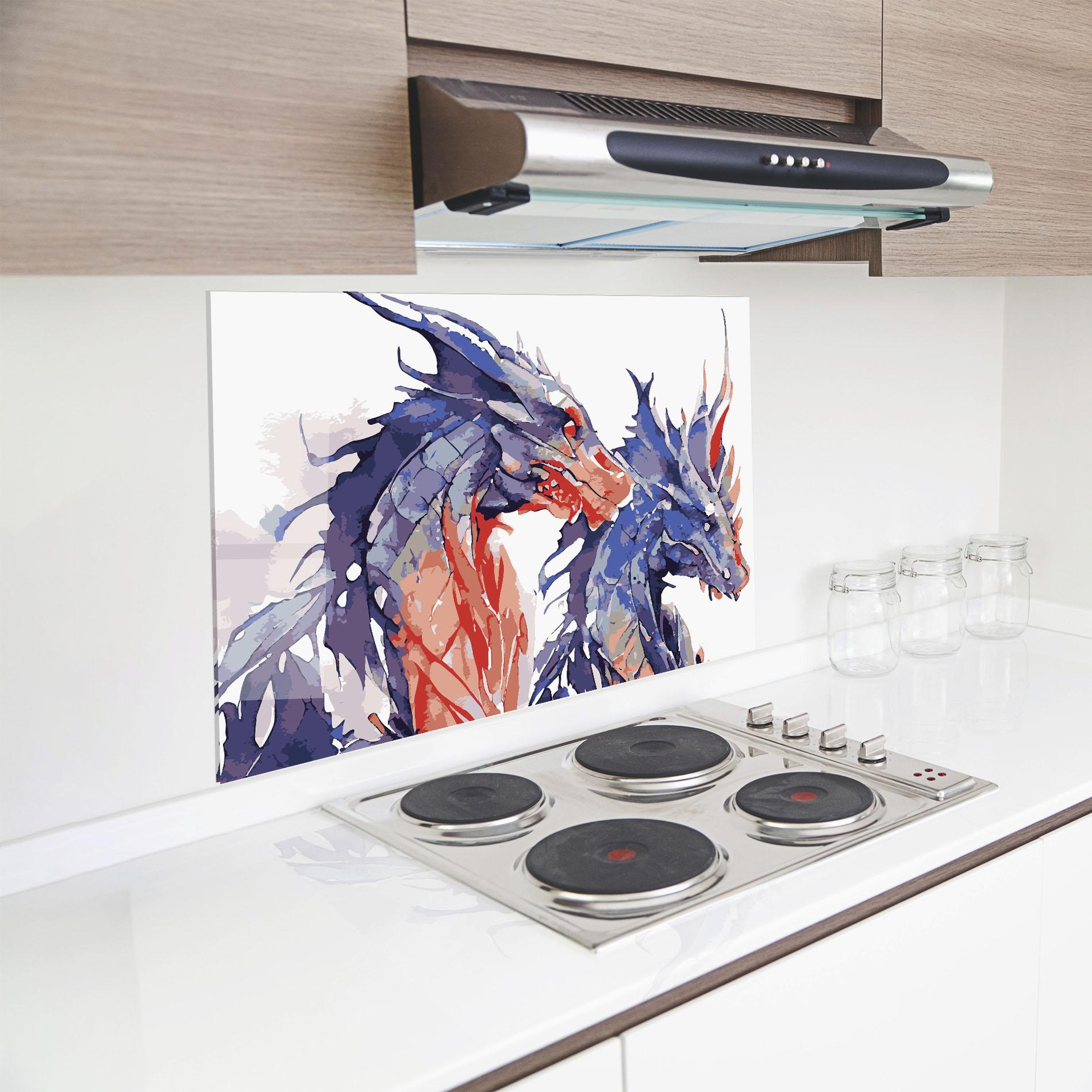 Küchenrückwand Glas Purple Orange Dragon mockup 8