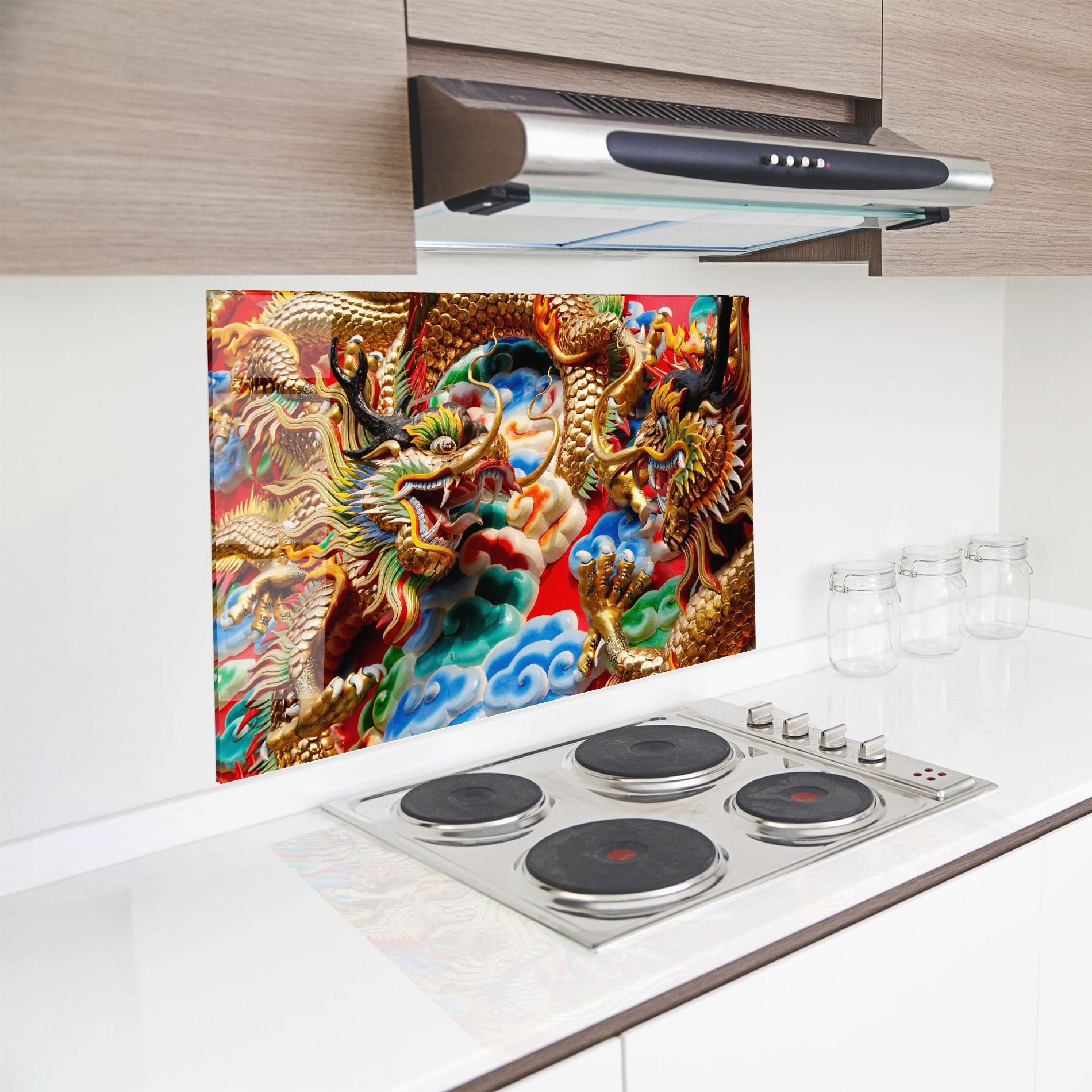 Küchenrückwand Glas Red Golden Dragon mockup 8