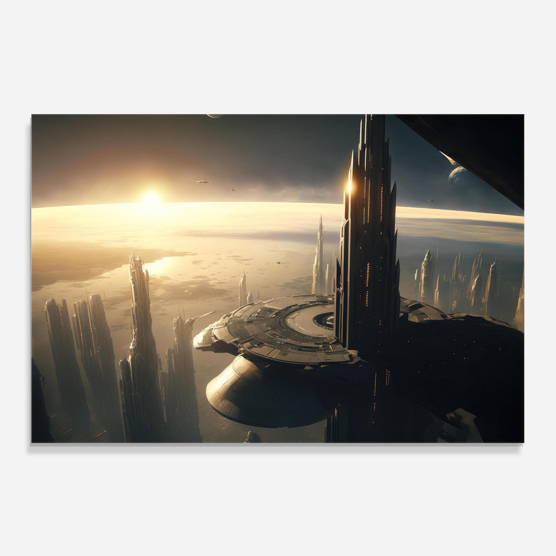 Küchenrückwand Glas Fantasy Futuristic Cityscape mockup 0