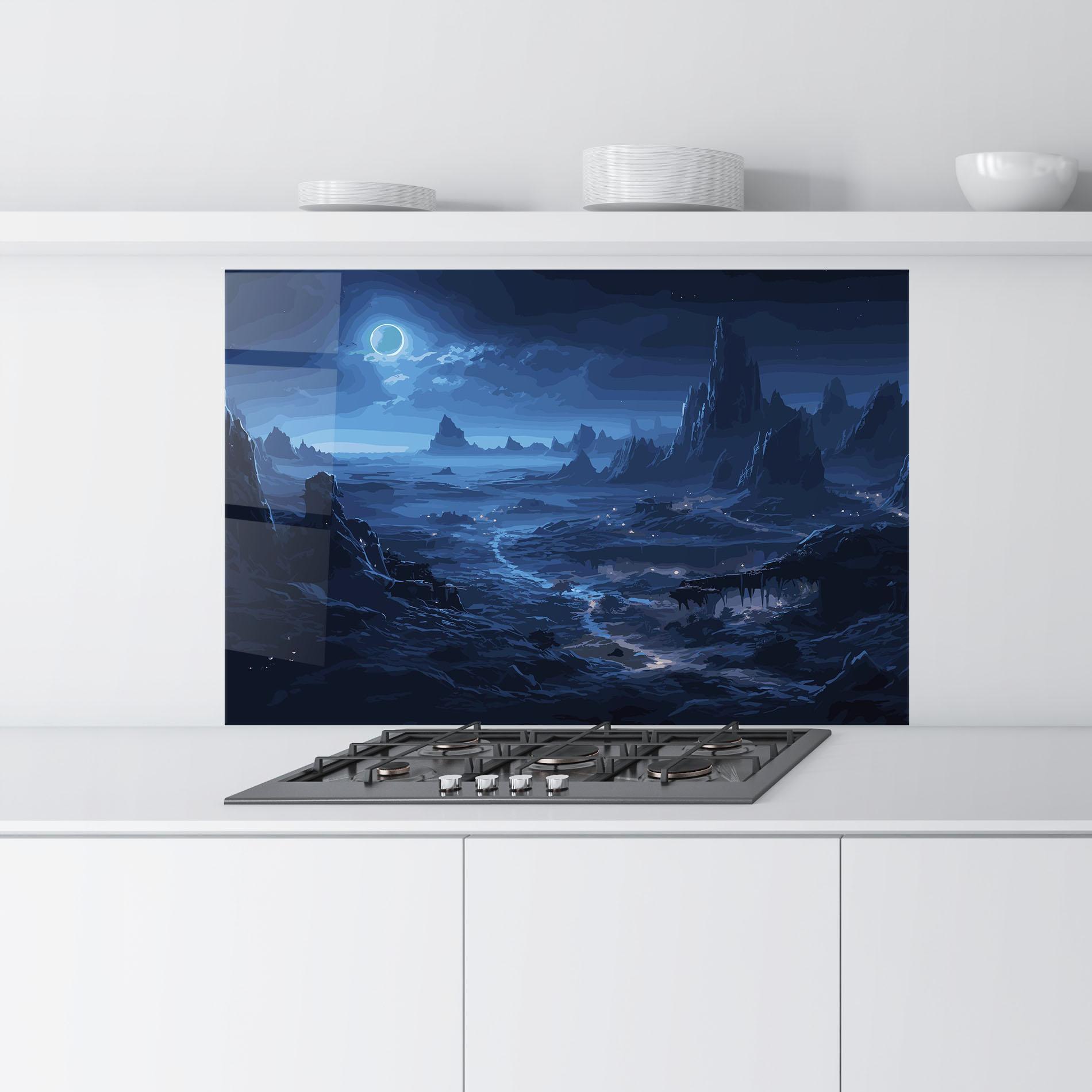 Küchenrückwand Glas Blue Art World mockup 9