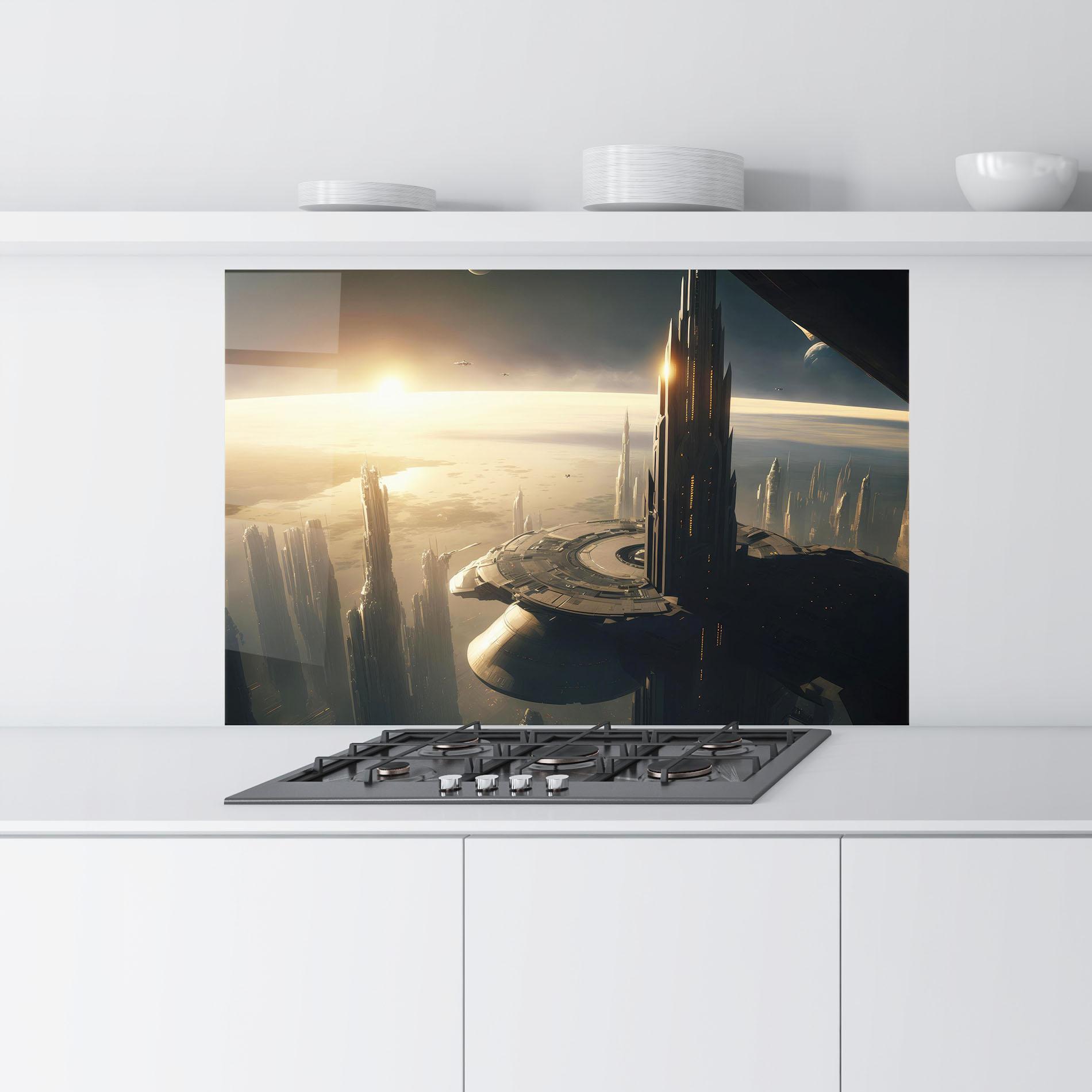 Küchenrückwand Glas Fantasy Futuristic Cityscape mockup 9